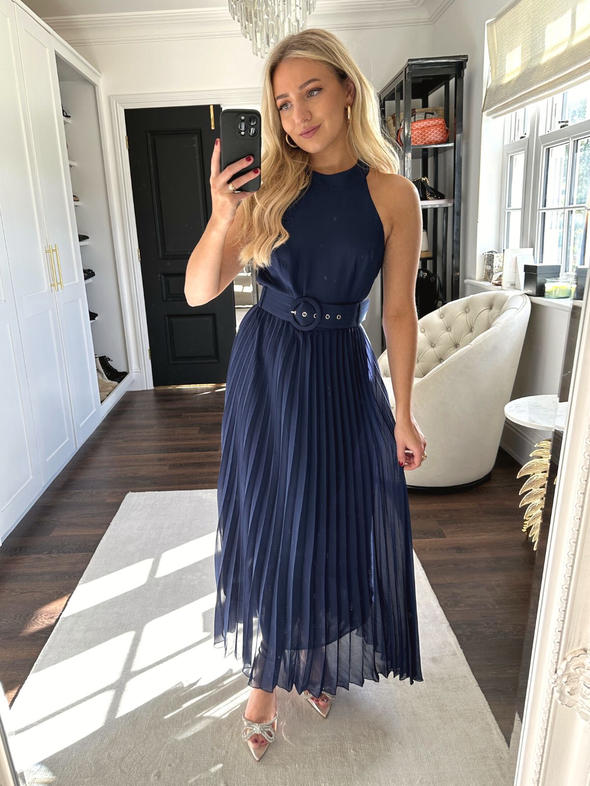 Petite Blue Maxi Dress | Luisa Belted Pleated Maxi Dress in Navy