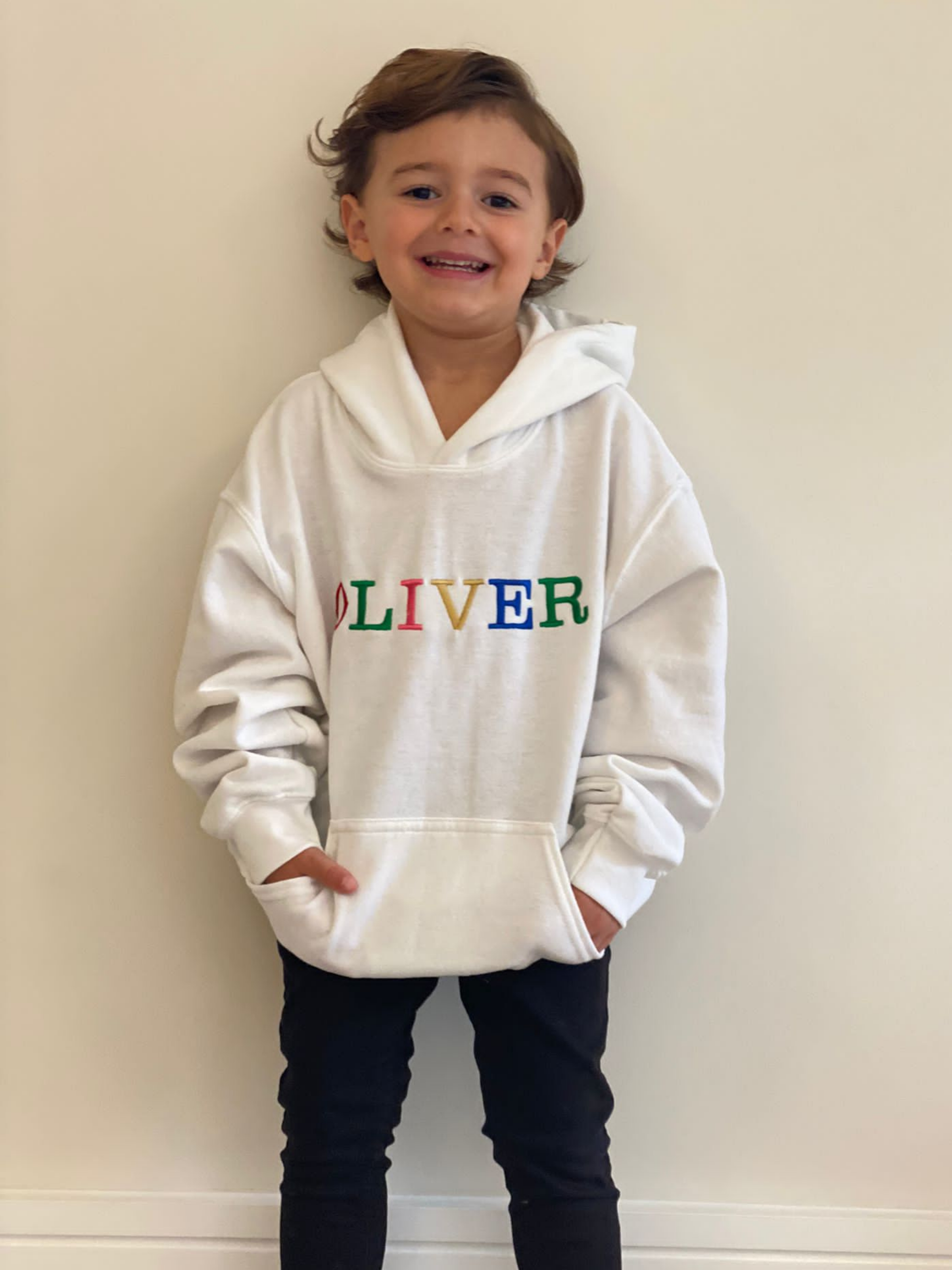 Toby Children's Unisex Multicoloured Text Personalised Hoodie / White