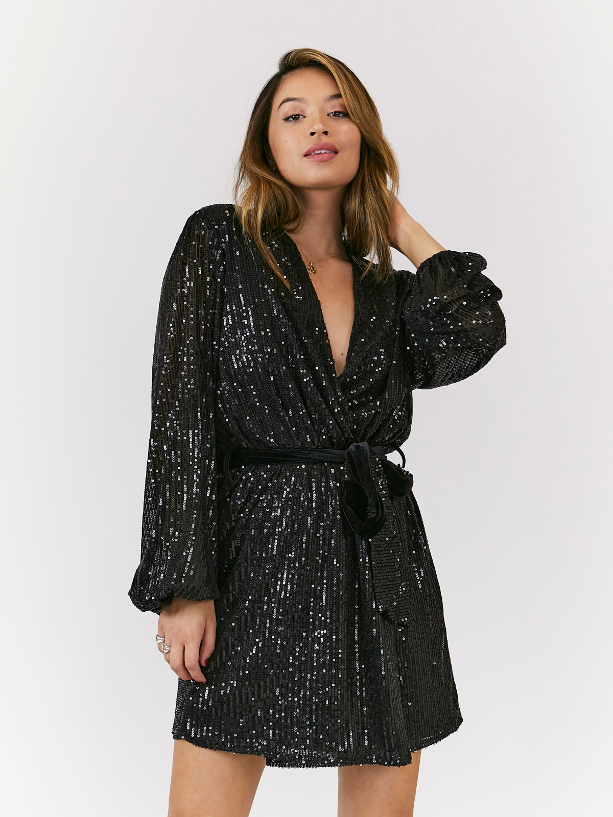 Black Sequin Wrap Dress