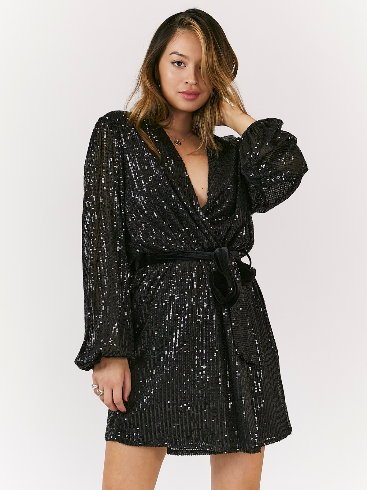 Black Sequin Wrap Dress