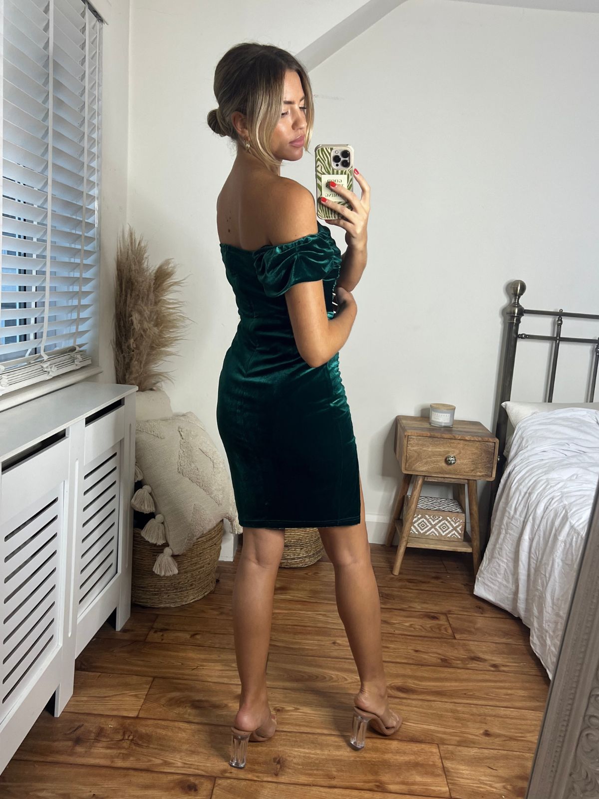 Esme Bardot Velvet Mini Dress in Green