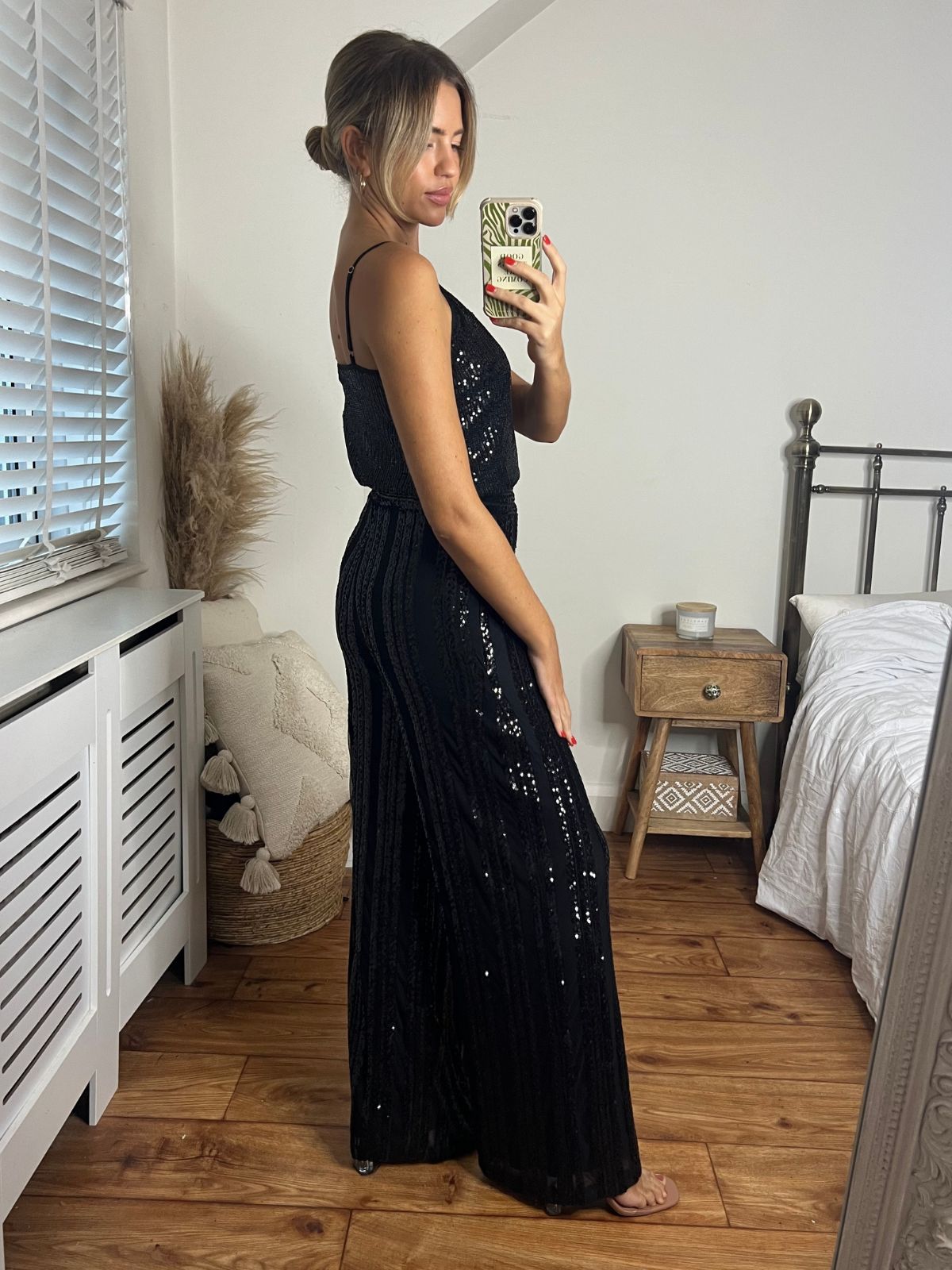 Black Sequin Wide Leg Trousers | Becca Sequin Trousers in Black