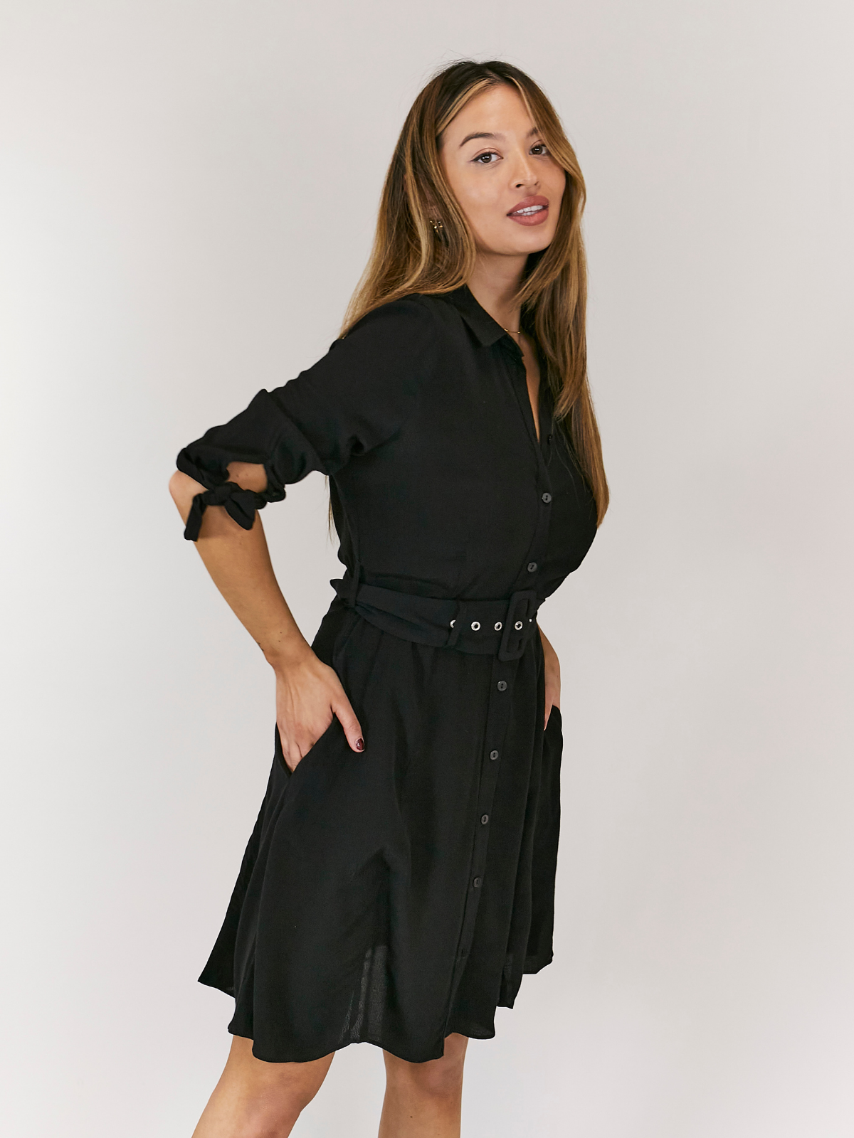 Olivia Mini Belted Shirt Dress / Black