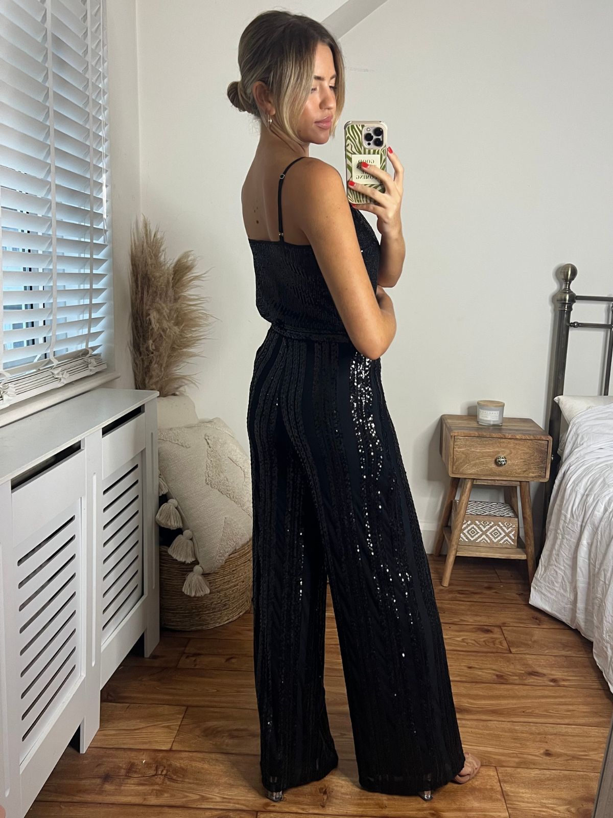 Black Sequin Wide Leg Trousers | Becca Sequin Trousers in Black