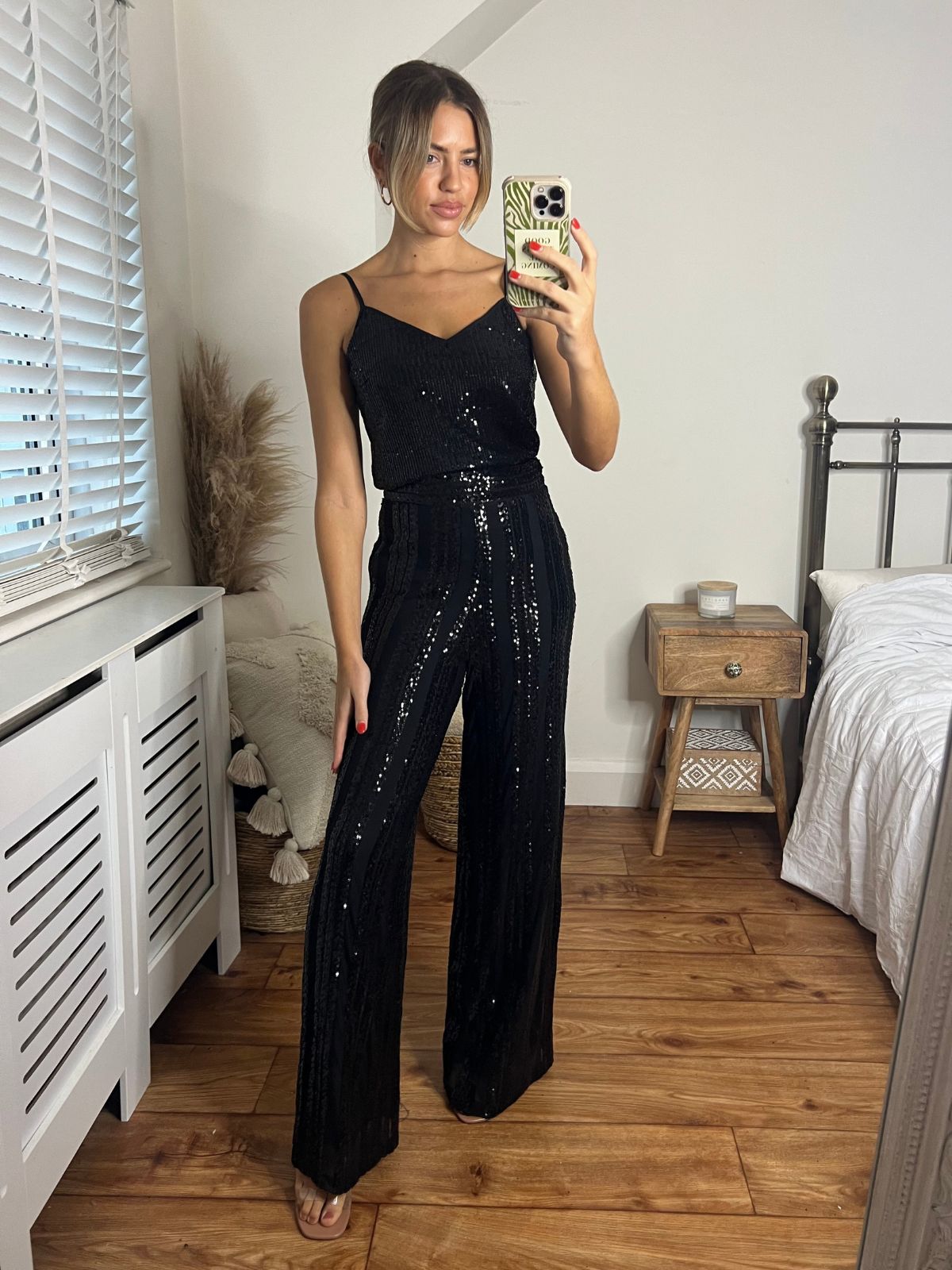 Black Sequin Wide Leg Trousers | Becca Sequin Trousers in Black