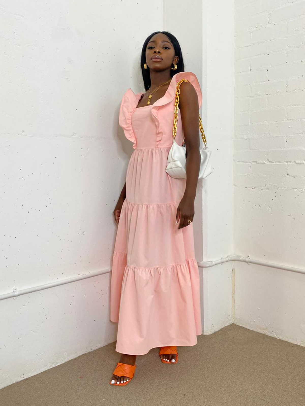 Mollie Pink Cotton Ruffle Tiered Midi Dress