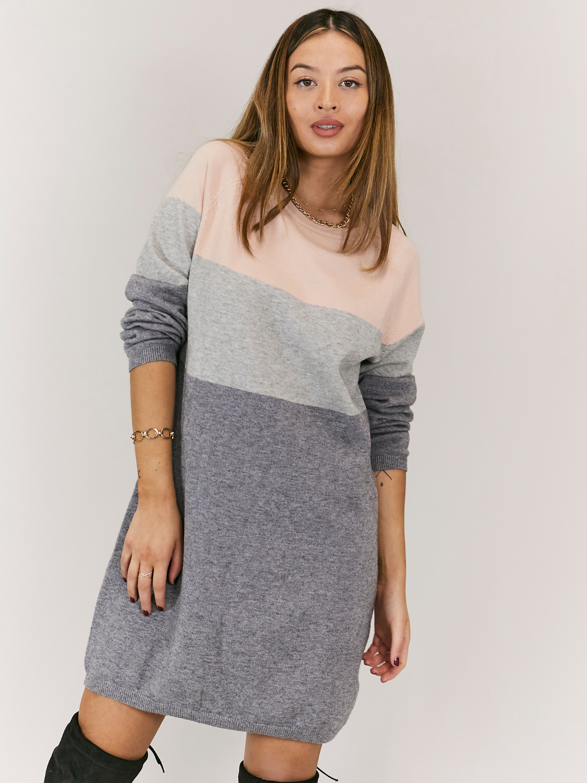 Jolie Pink Colour Block Long Sleeve Knitted Jumper Dress