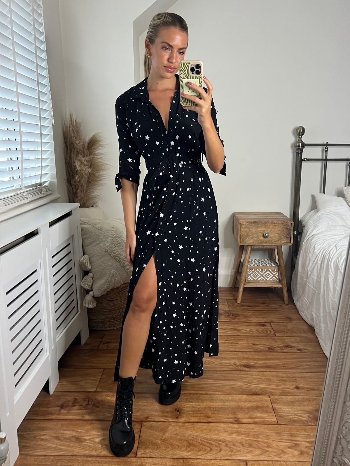 Daphne Belted Shirt Dress / Black and White Star Print