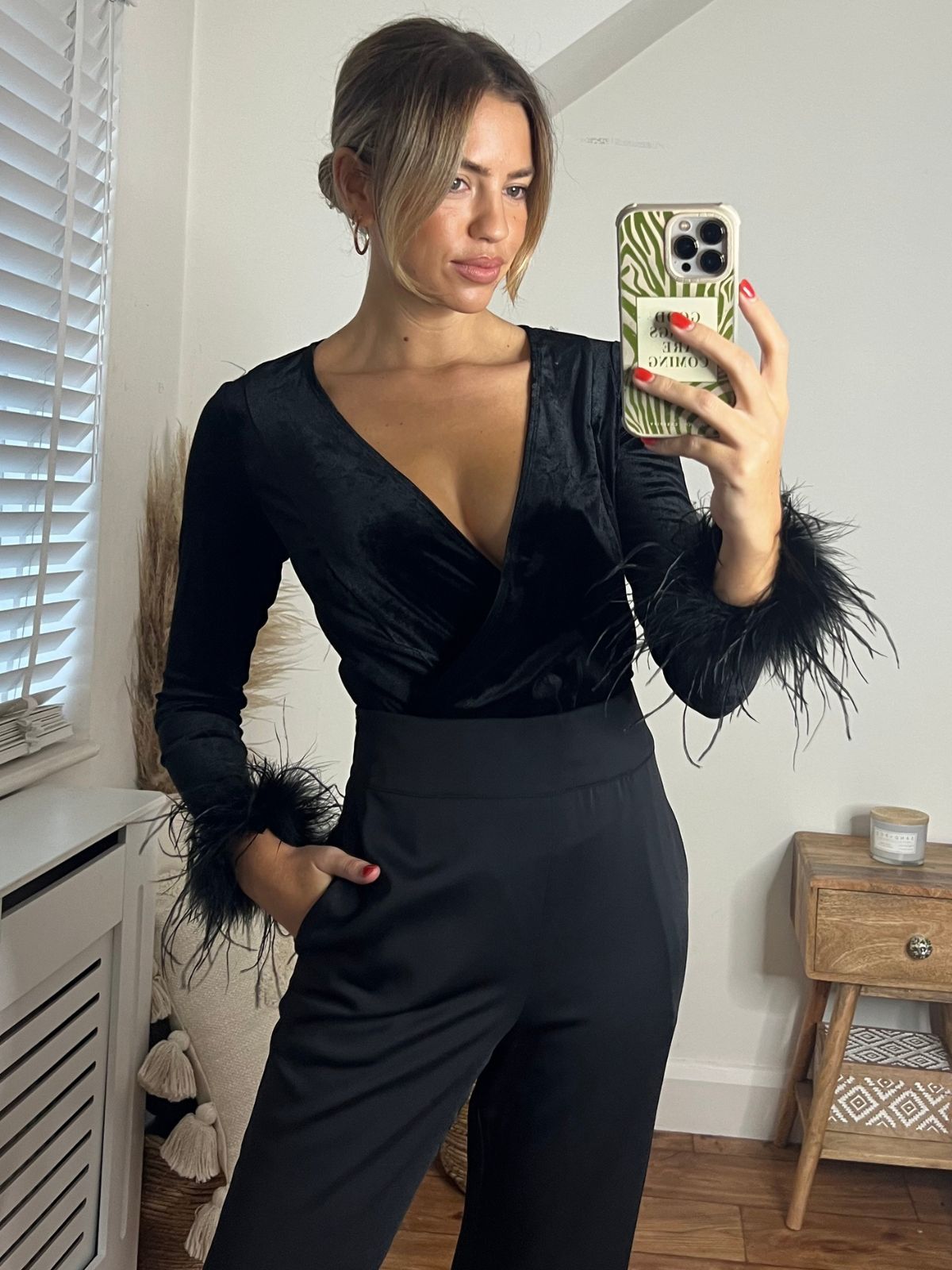 Black Feather Trim Trousers | Annabelle Feather Trim Trouser / Black