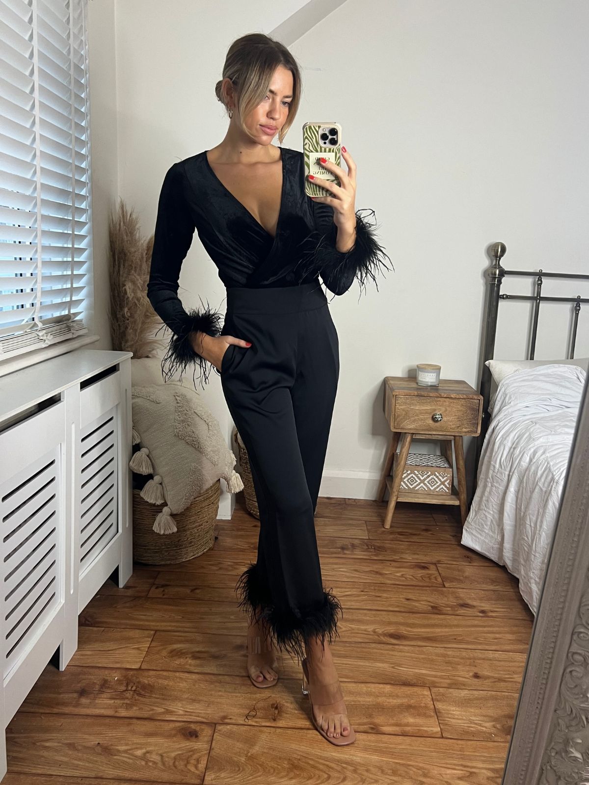 Black Feather Trim Trousers | Annabelle Feather Trim Trouser / Black