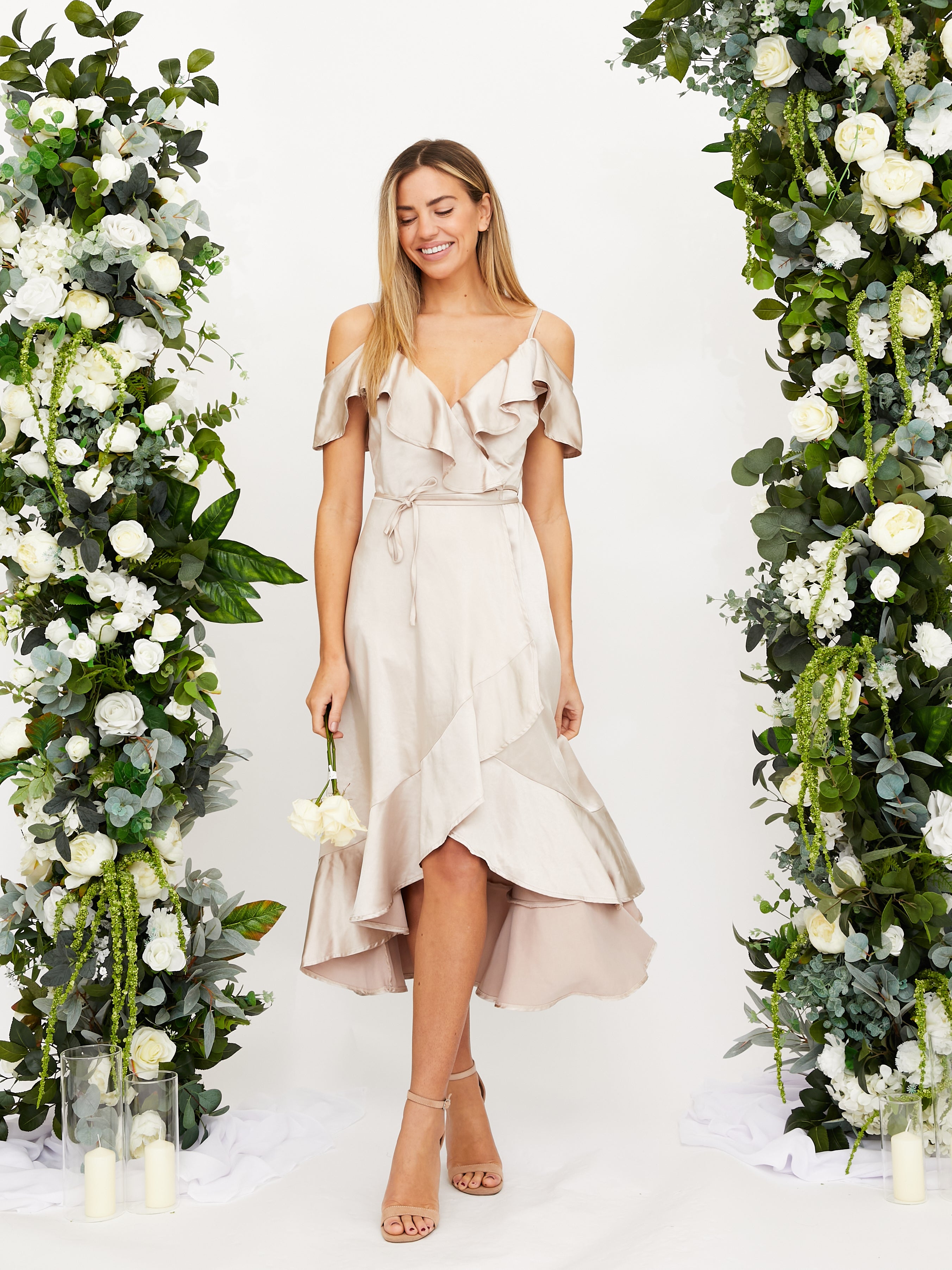 Cold Shoulder Midi Wrap Satin Dress / Champagne