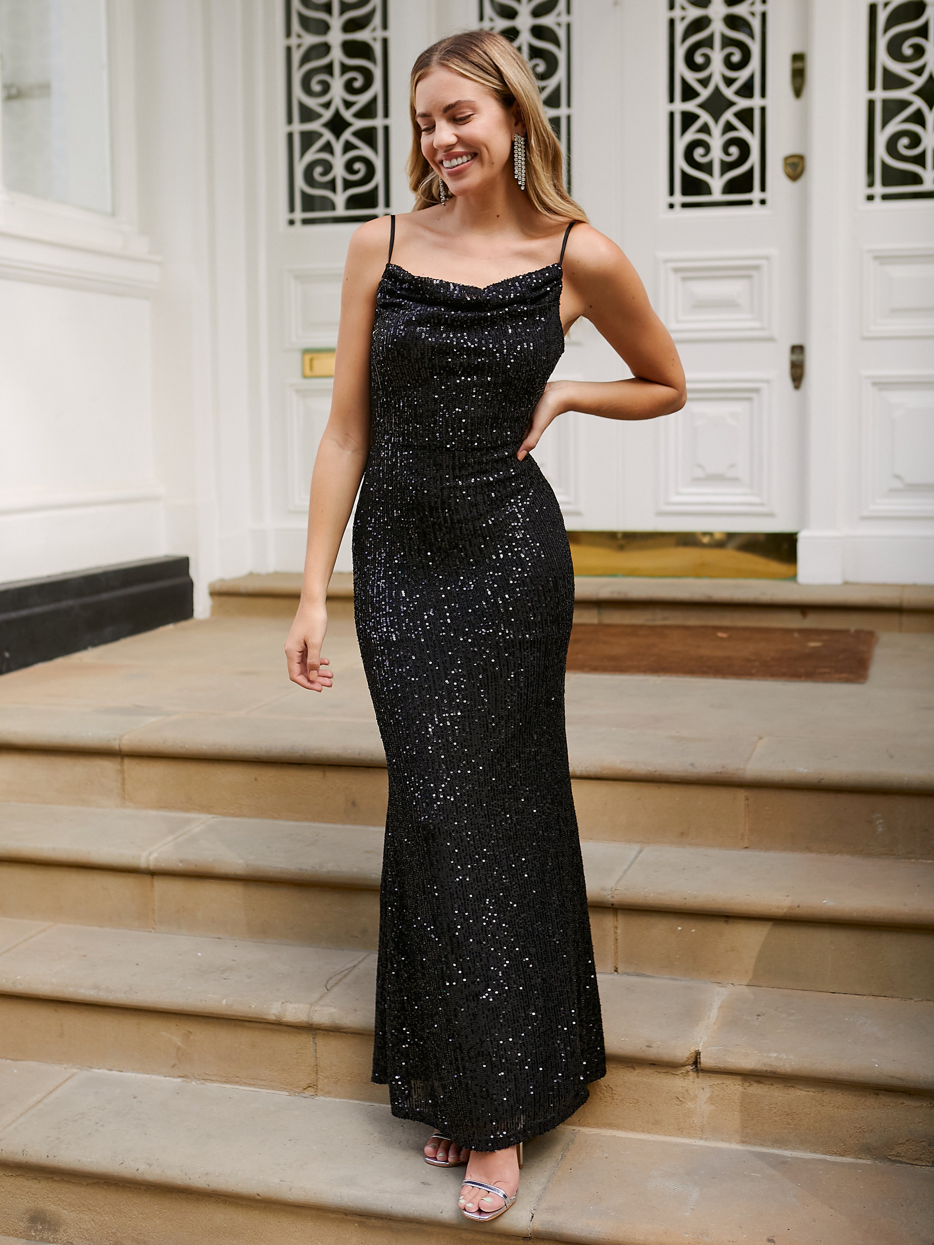Black Sequin Slip Maxi Dress