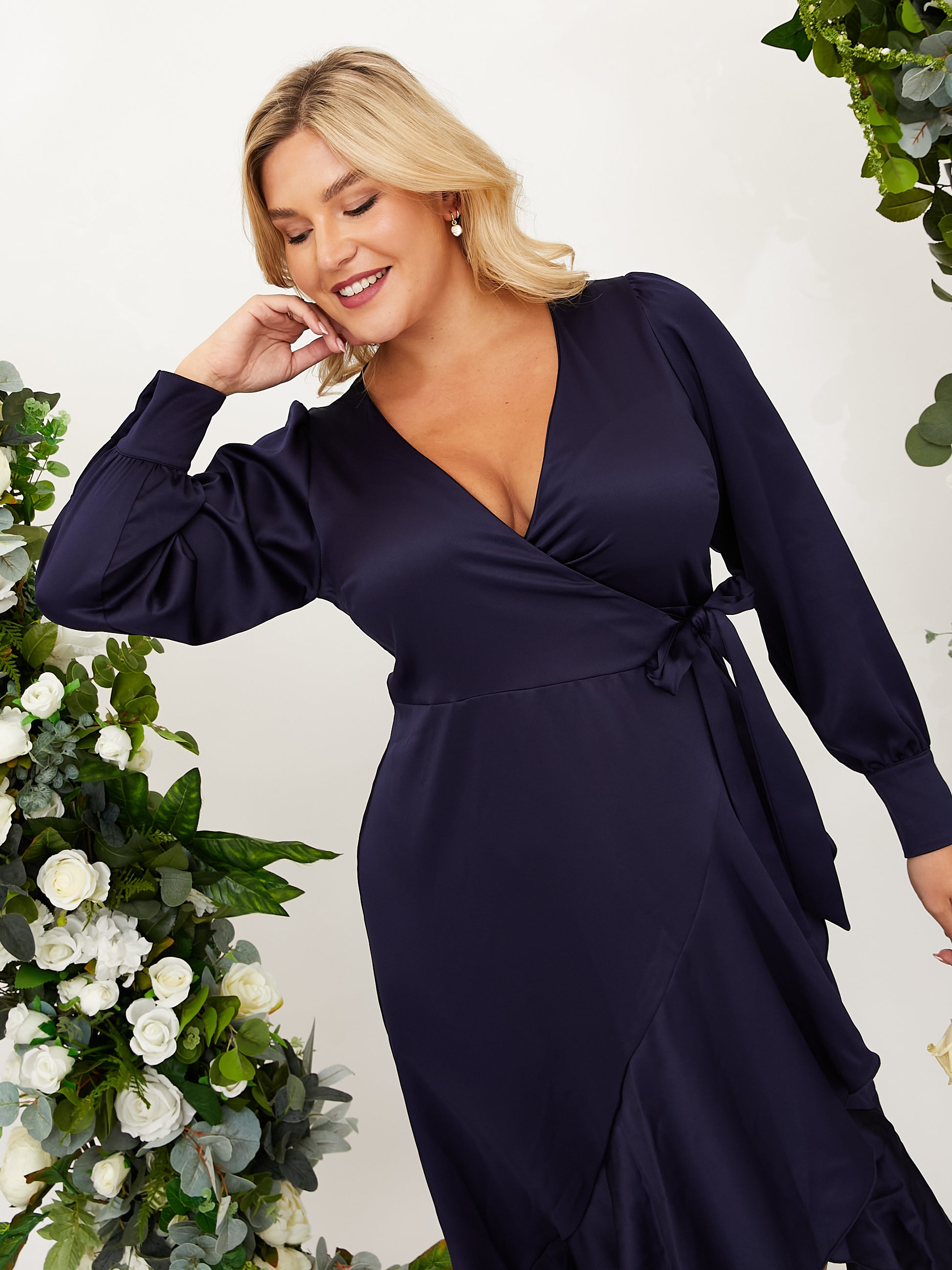 Charlotte Navy Frill Wrap Midi Dress