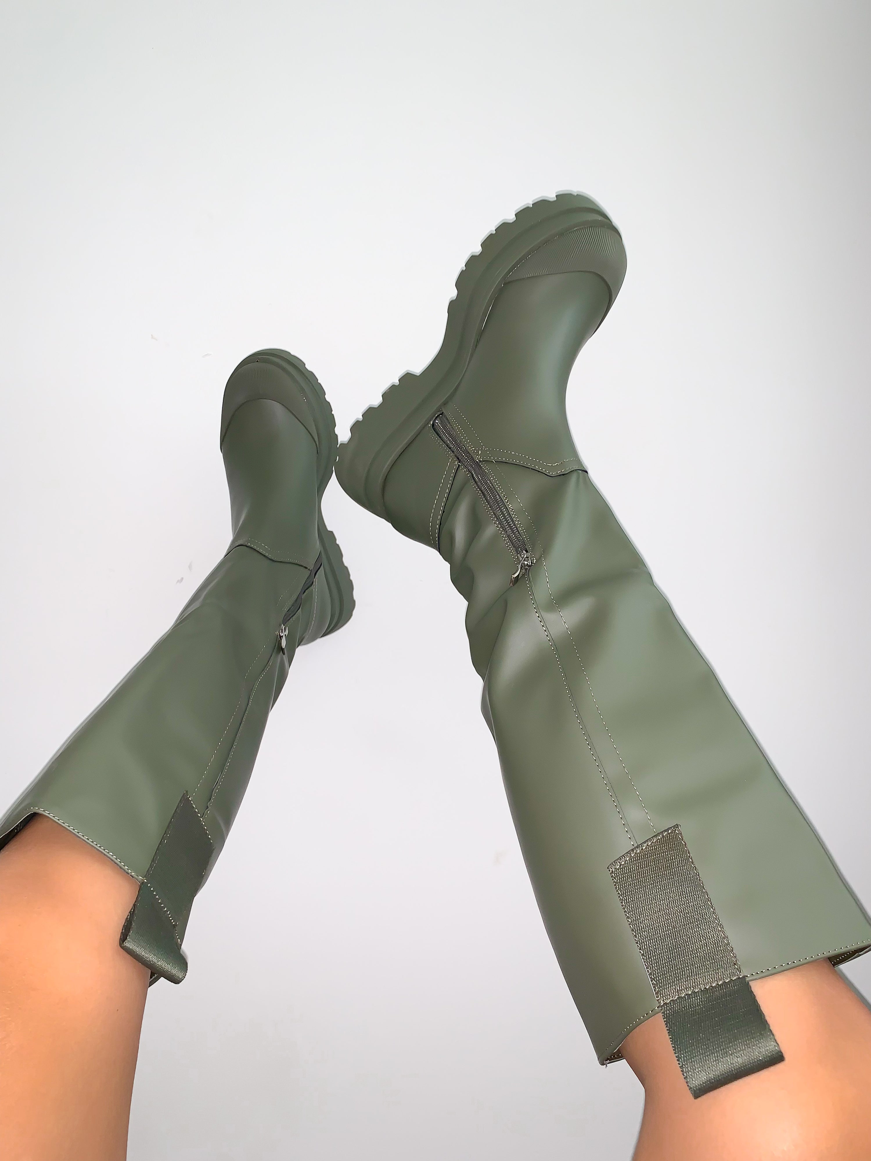Khaki Chunky Knee High Boots