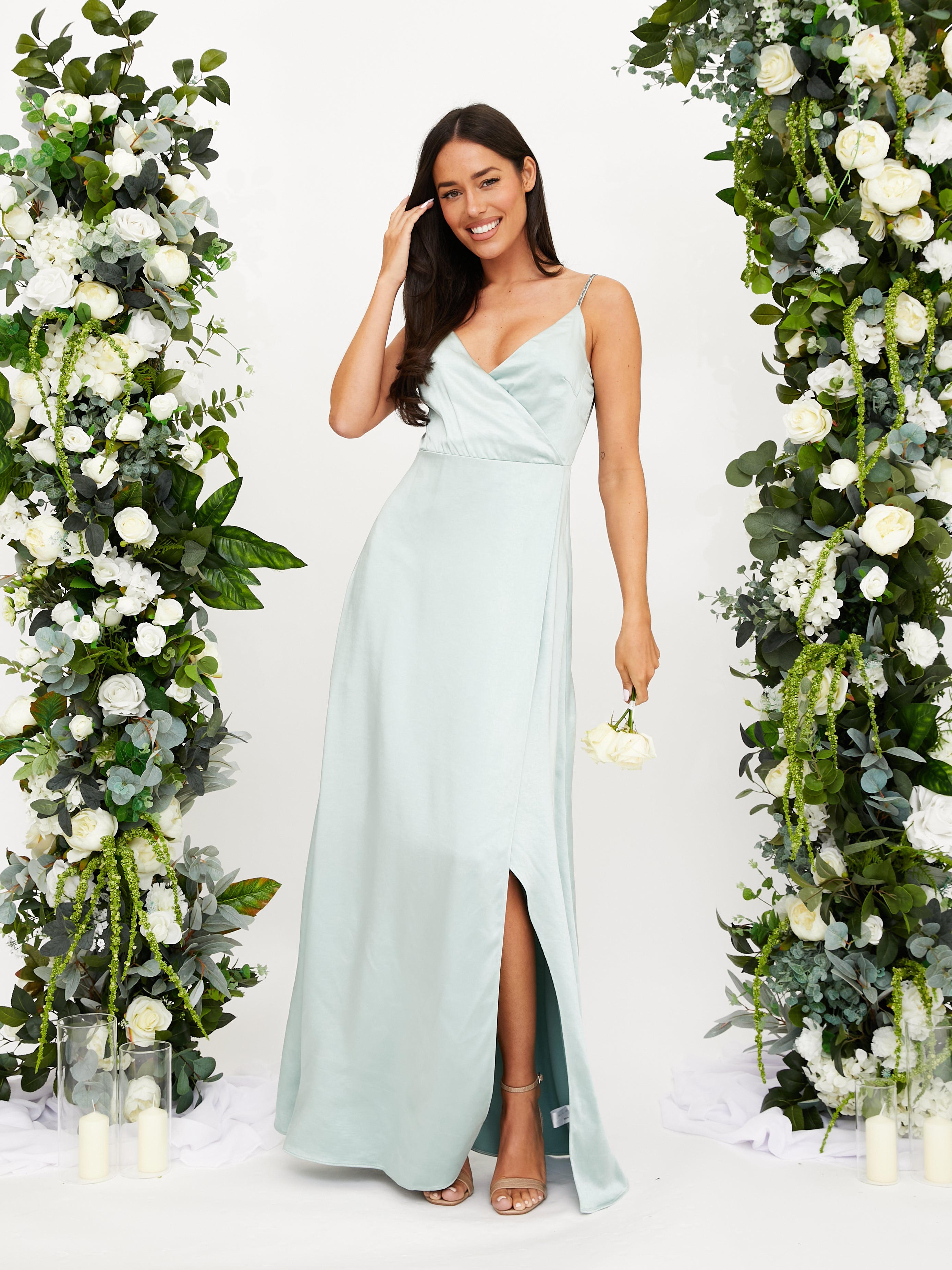 Diamante Strap Maxi Satin Dress / Sage