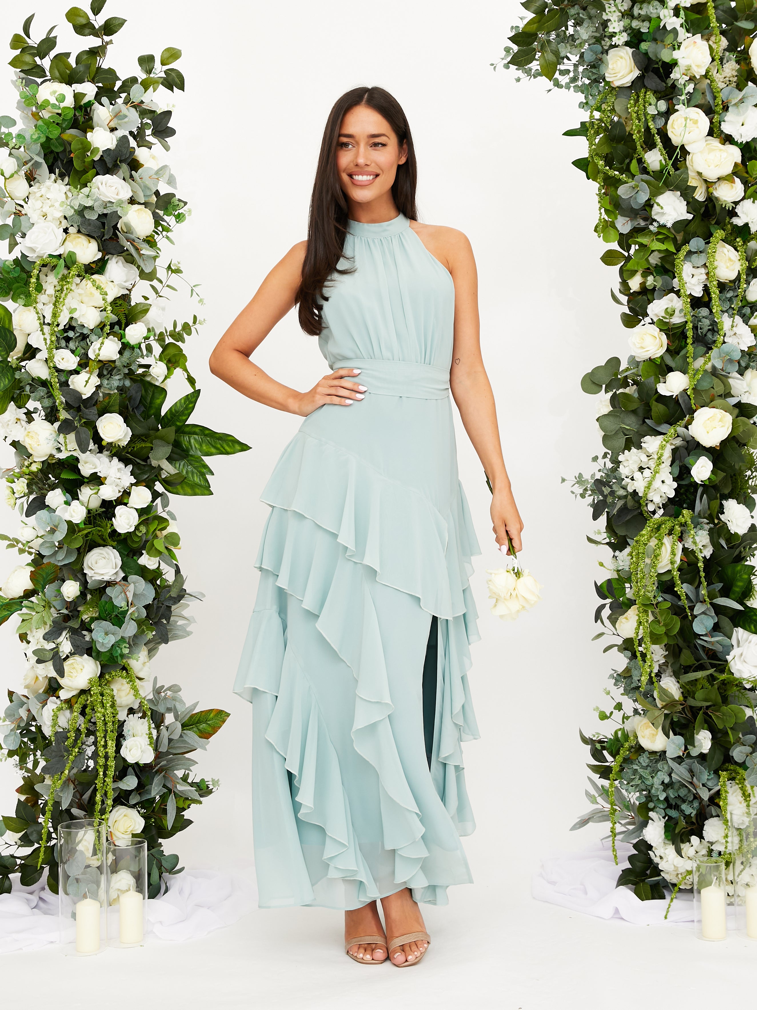 Frill High Neck Maxi Chiffon Dress / Sage