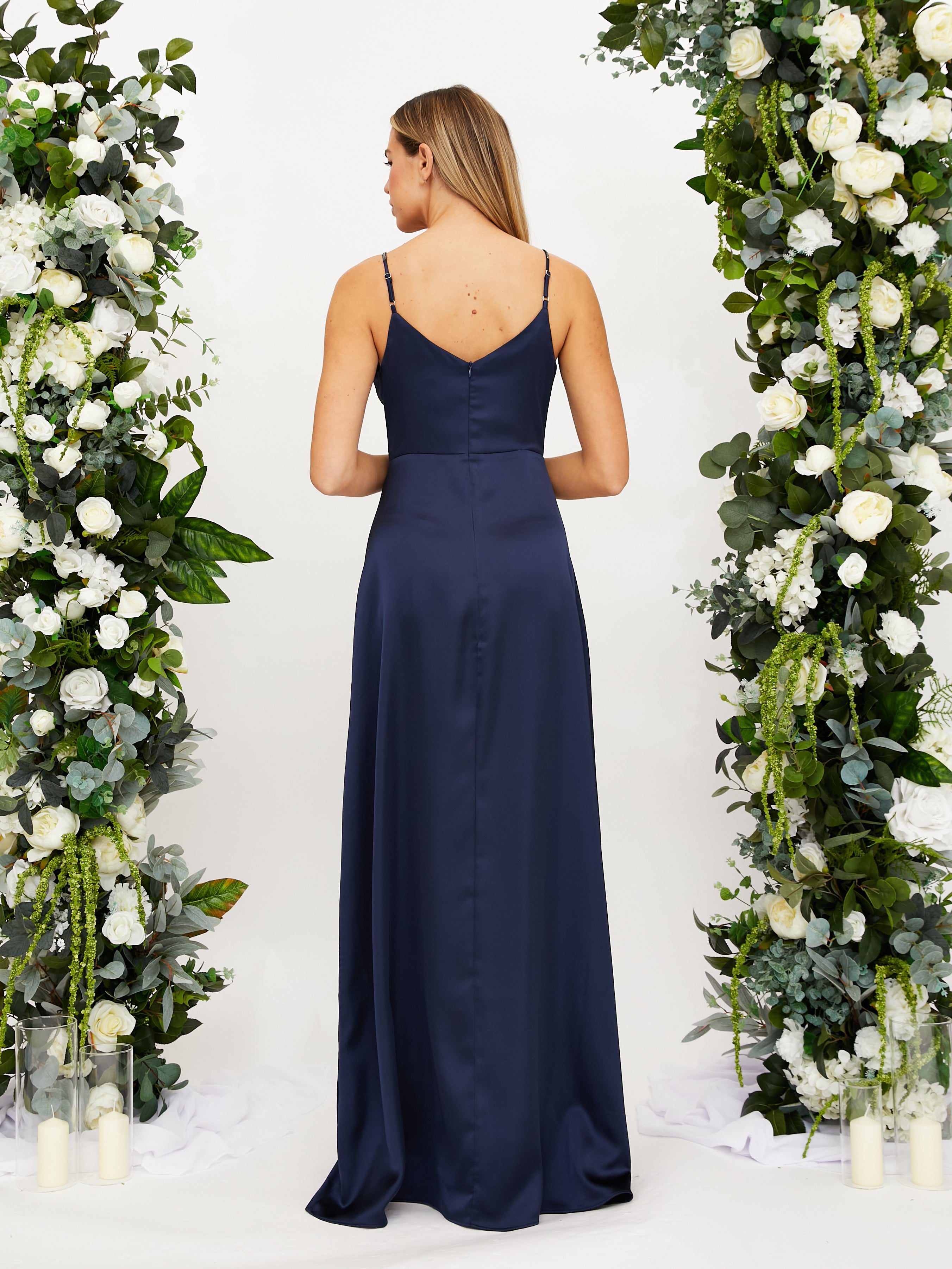 Diamante Strap Maxi Satin Dress / Navy