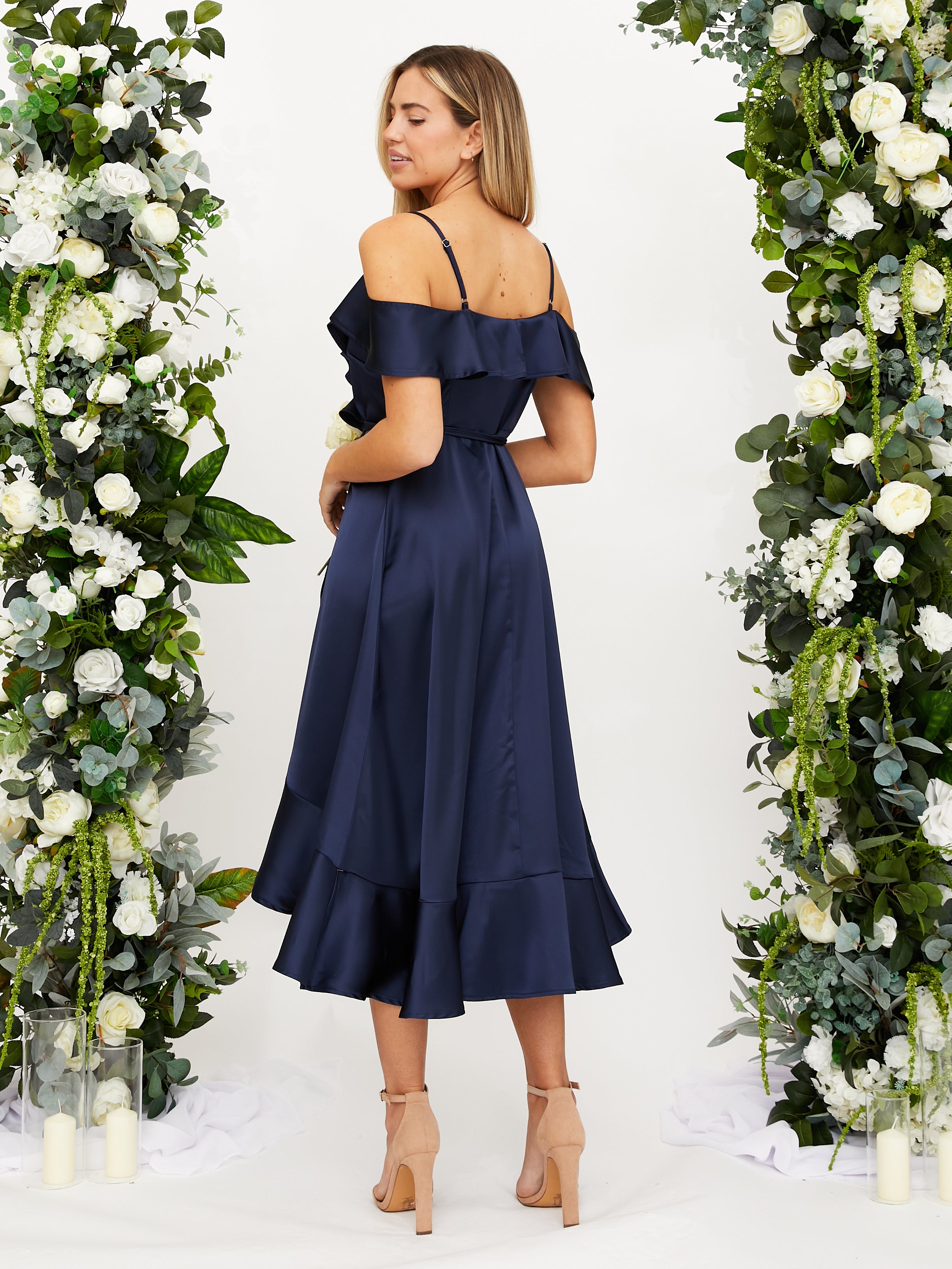 Cold Shoulder Midi Wrap Satin Dress / Navy