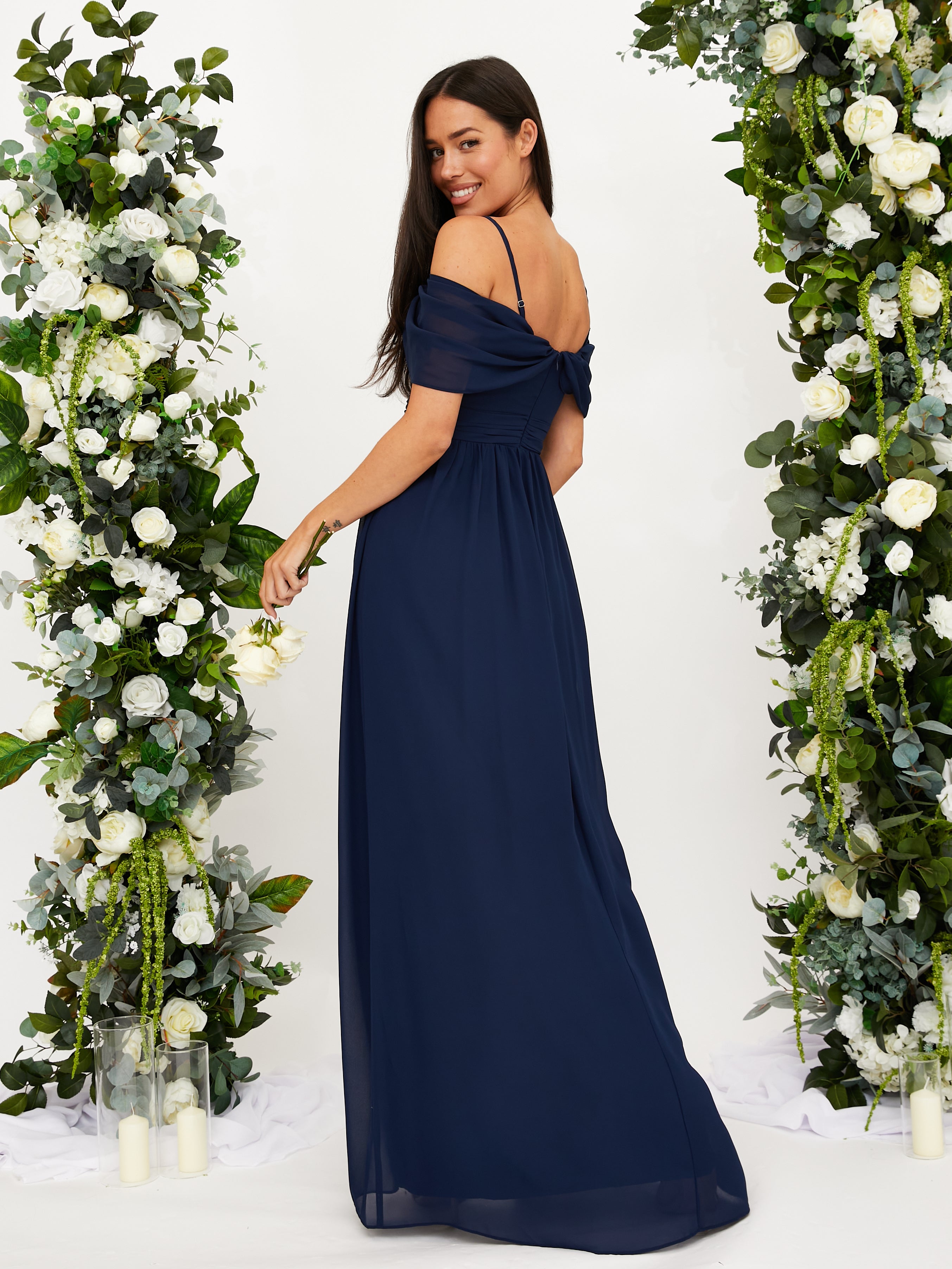 Cold Shoulder Maxi Chiffon Dress / Navy