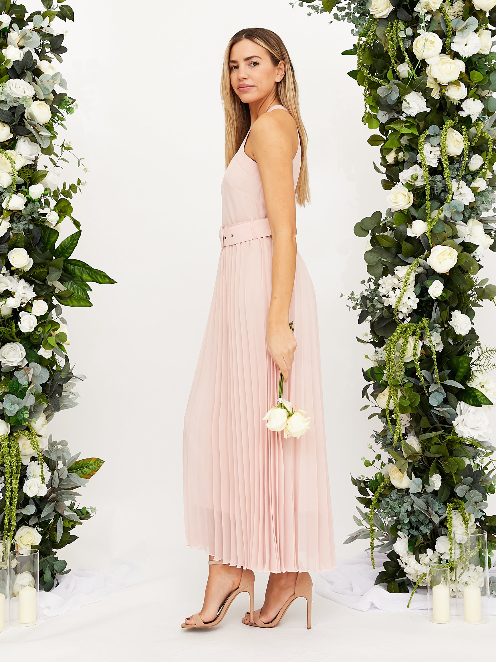 Cross Neck Pleated Midaxi Chiffon Dress / Blush