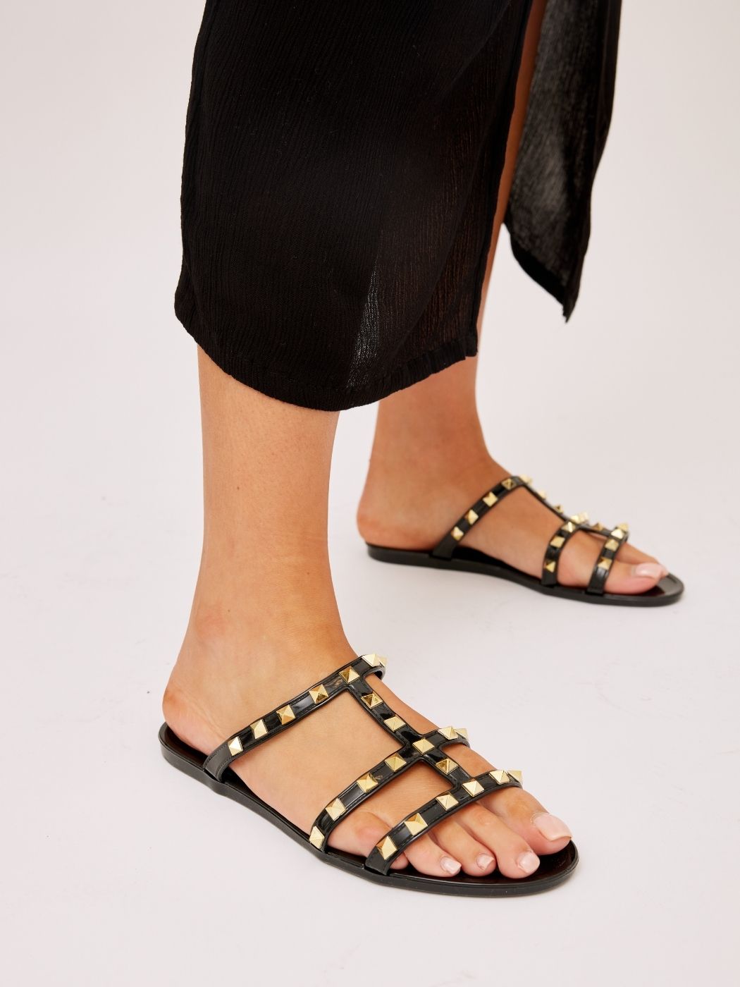 Milan Gold Studded Jelly Sandals / Black