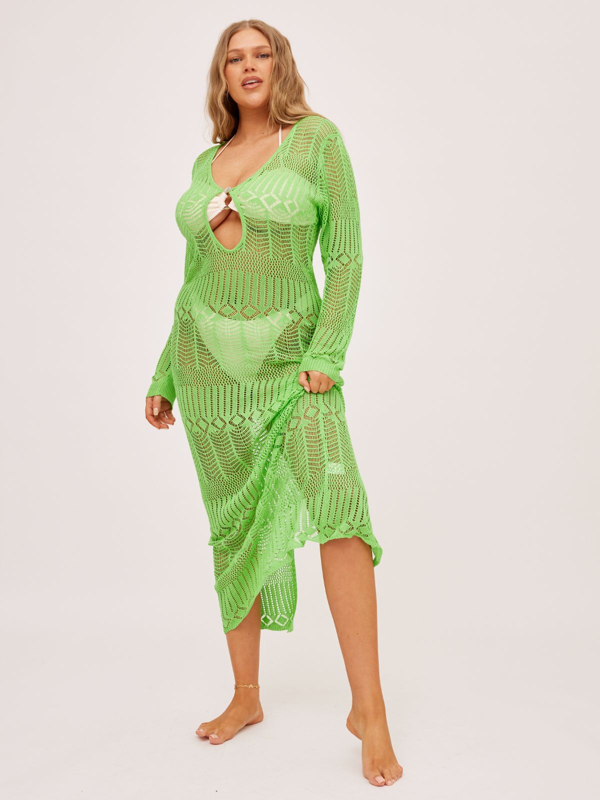 Coco Long sleeve Crochet Midaxi Dress / Lime