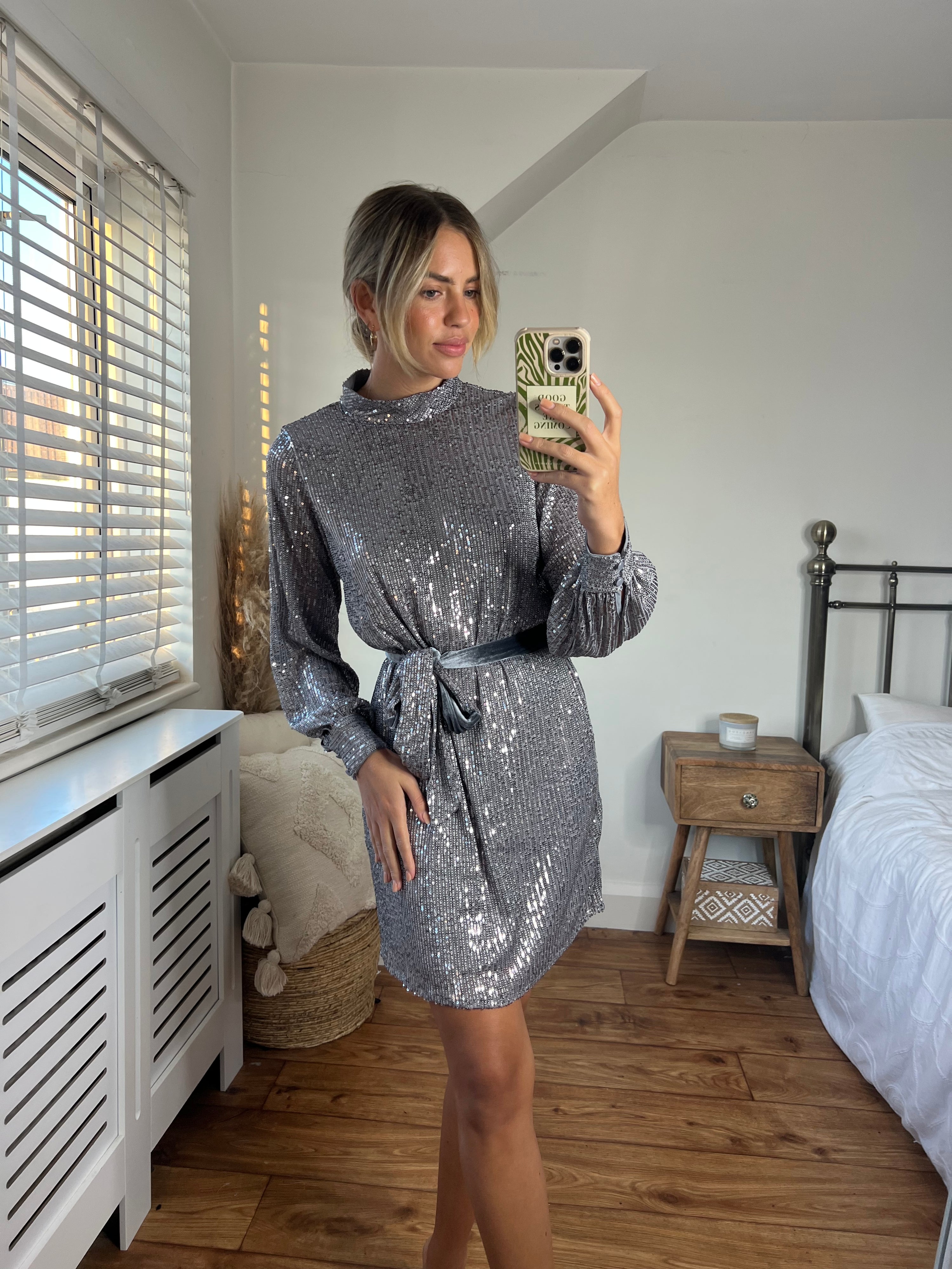 Hannah Sequin High Neck Mini Dress / Silver