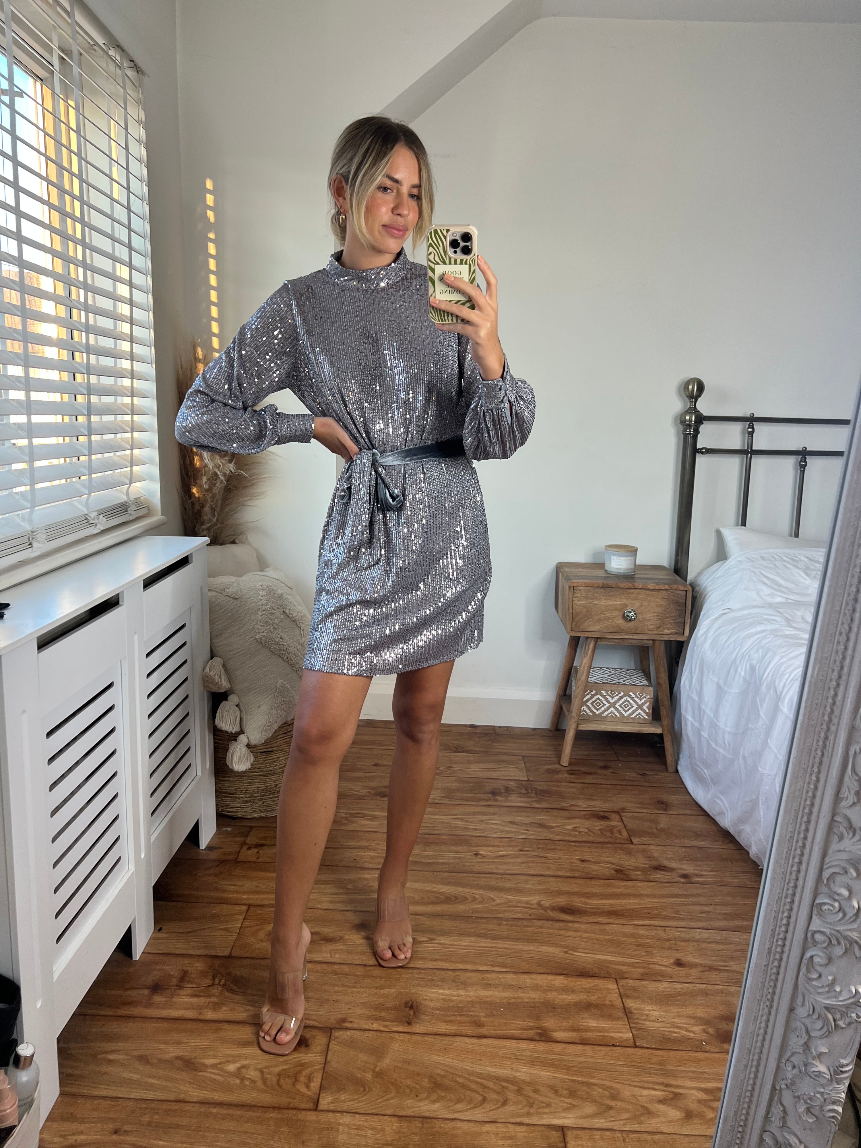 Hannah Sequin High Neck Mini Dress / Silver