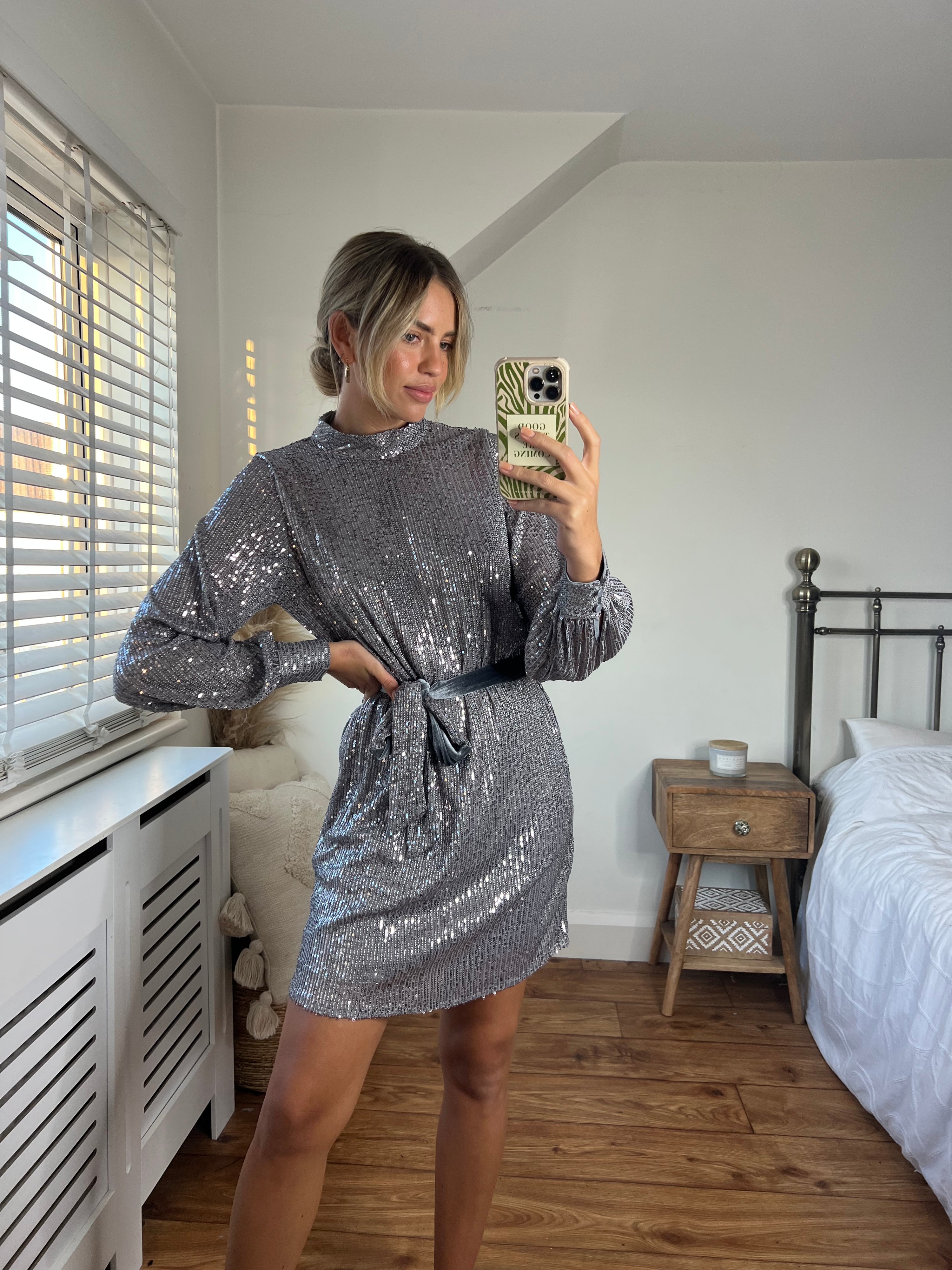 Hannah Sequin High Neck Mini Dress / Silver