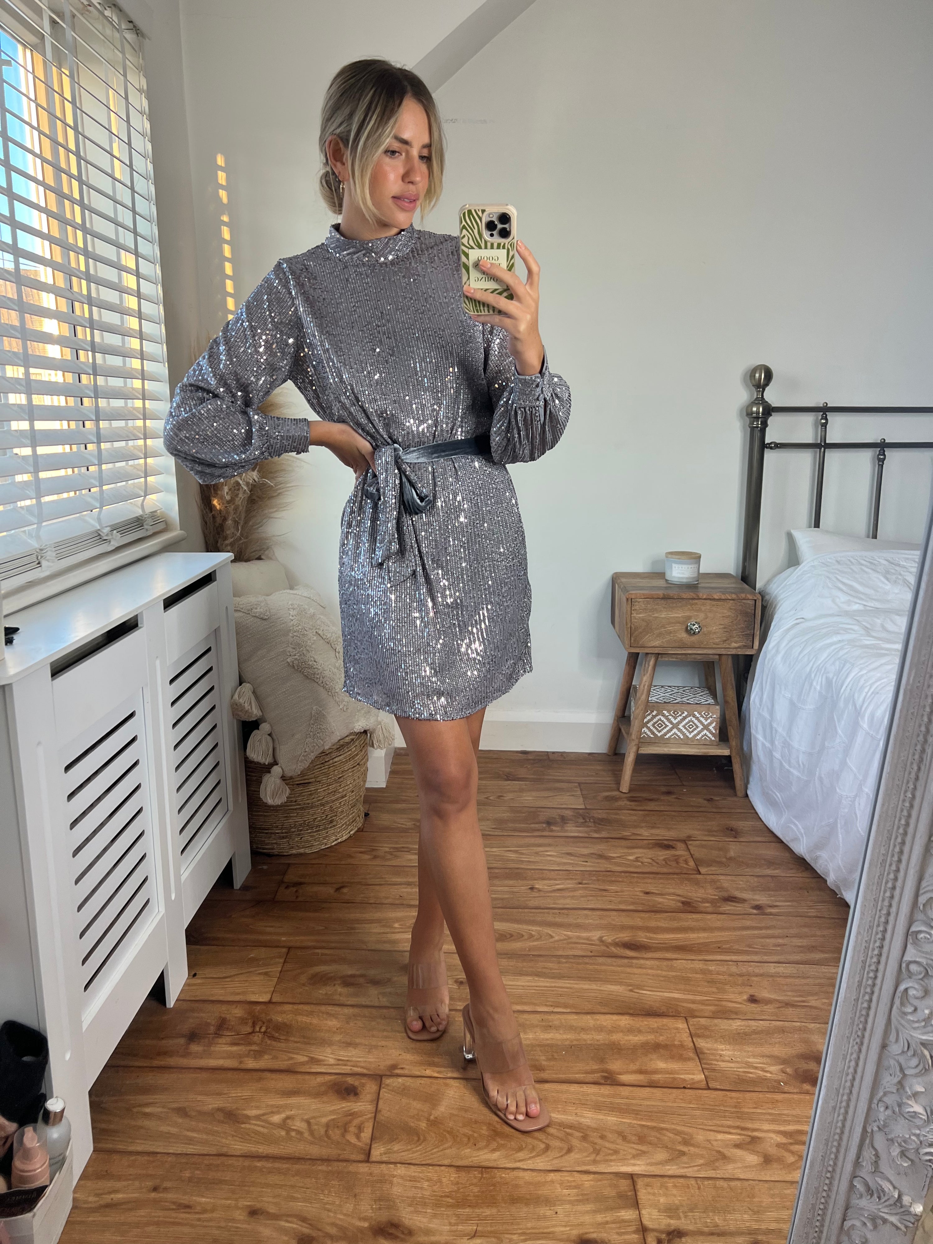 Hannah Sequin High Neck Mini Dress / Silver