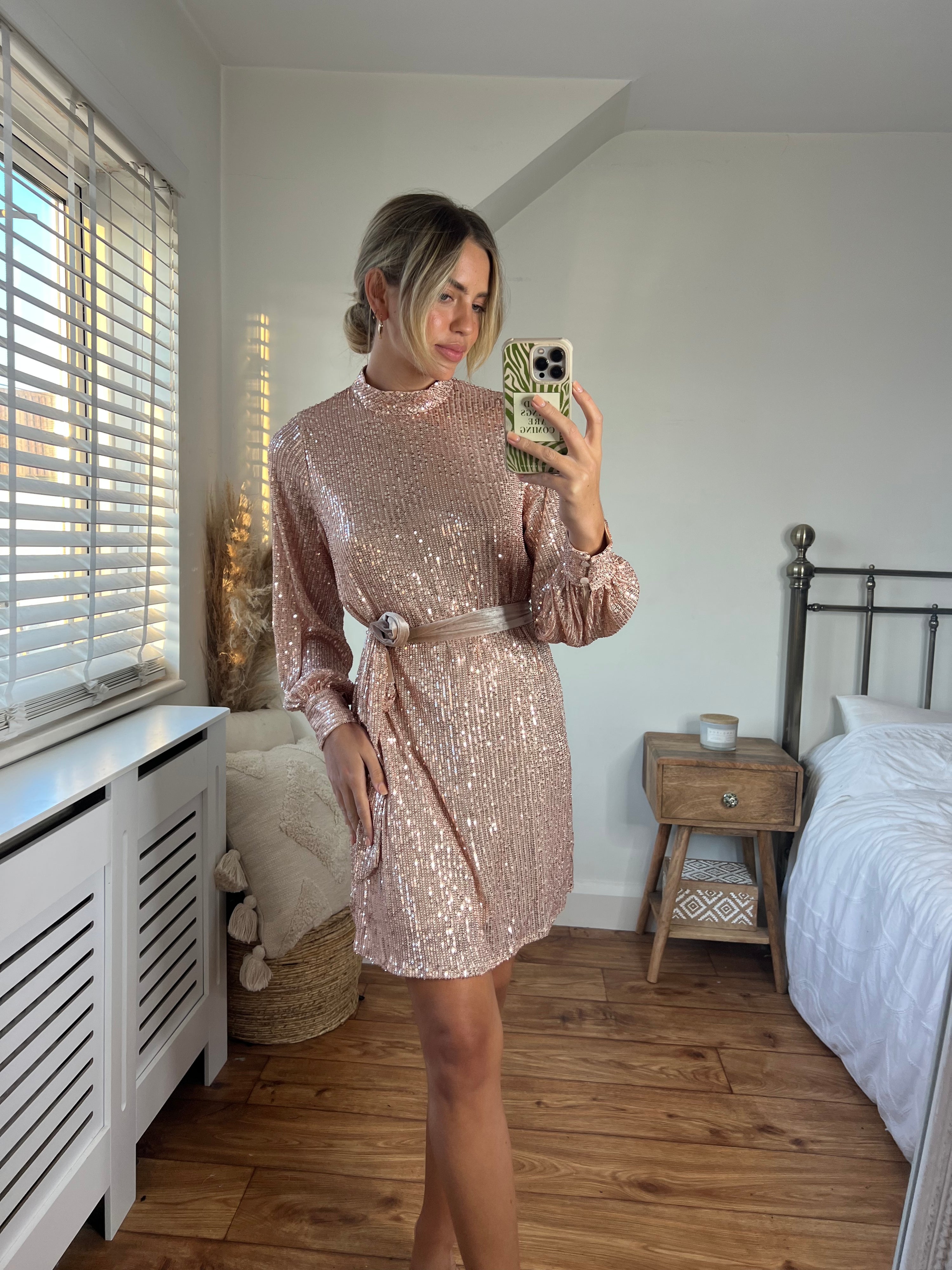 Hannah Sequin High Neck Mini Dress / Rose Gold