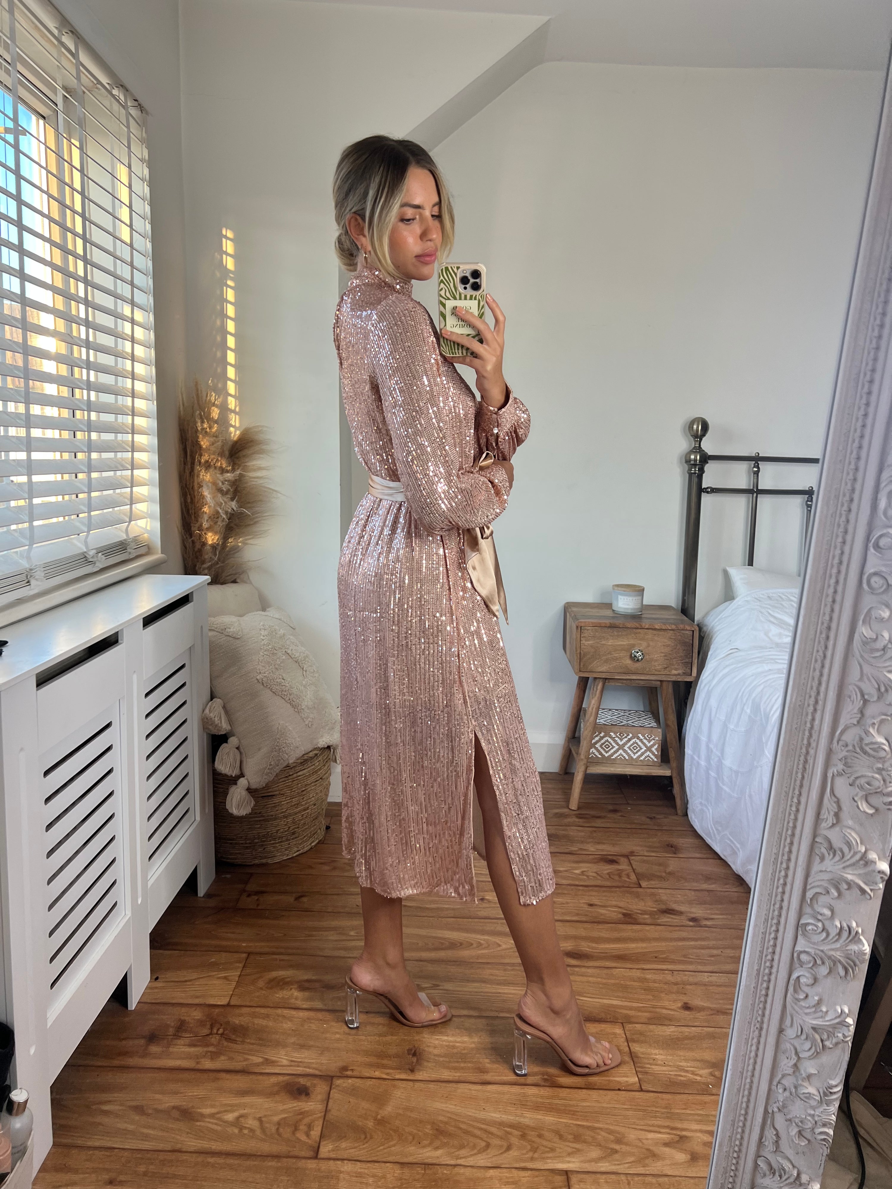 Roxi Sequin Midi Dress / Rose Gold