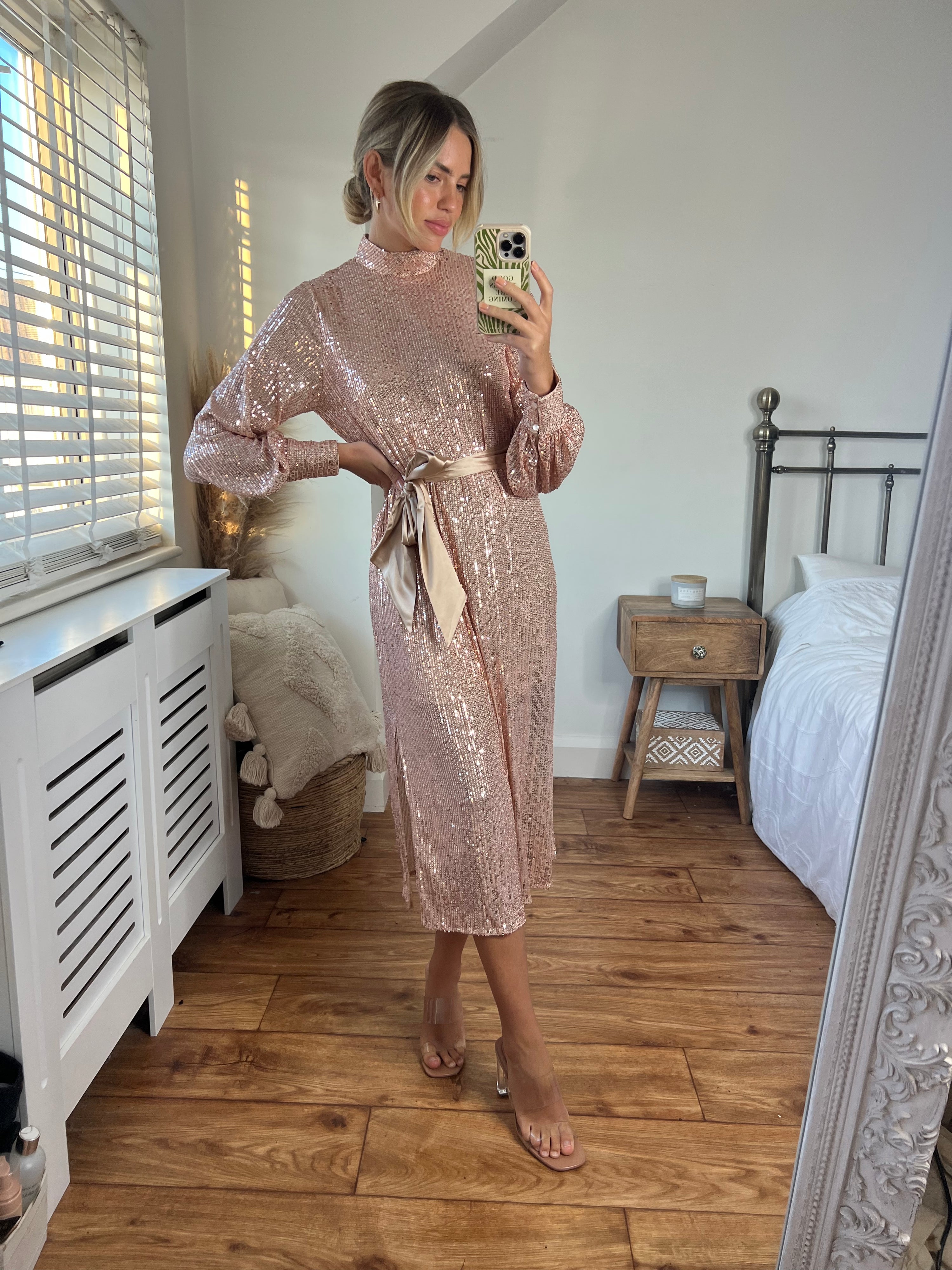 Roxi Sequin Midi Dress / Rose Gold