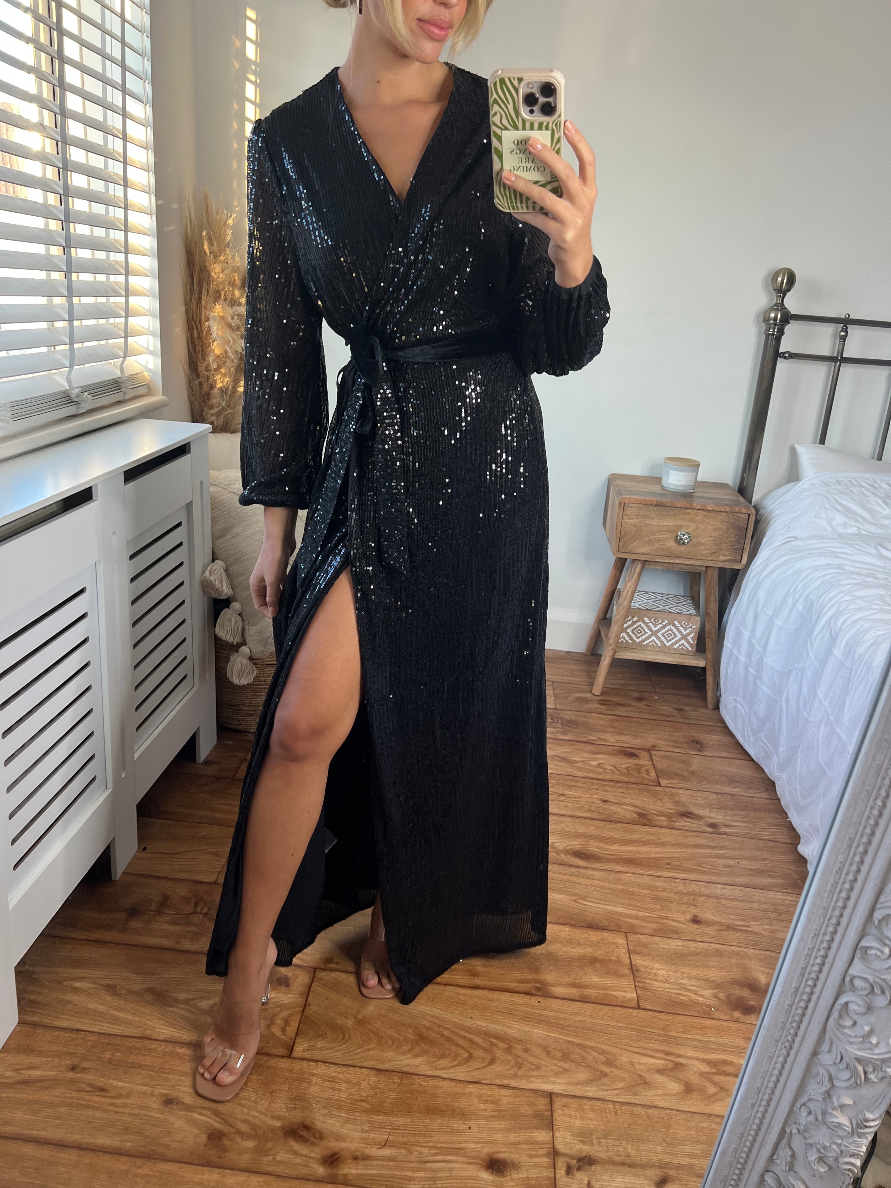 Black Sequin Wrap Maxi Dress | Ria Dress in Black