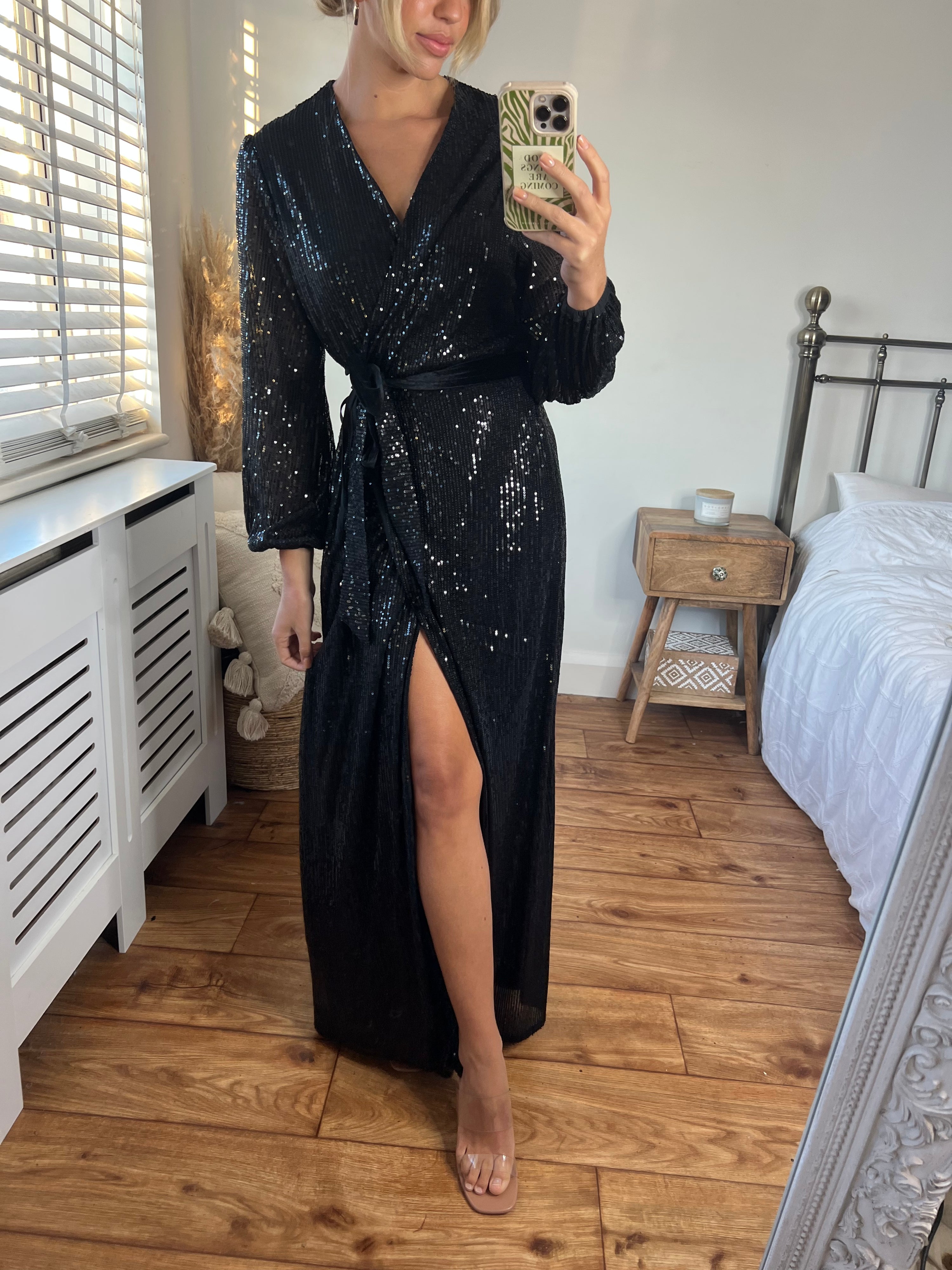 Black Sequin Wrap Maxi Dress | Ria Dress in Black