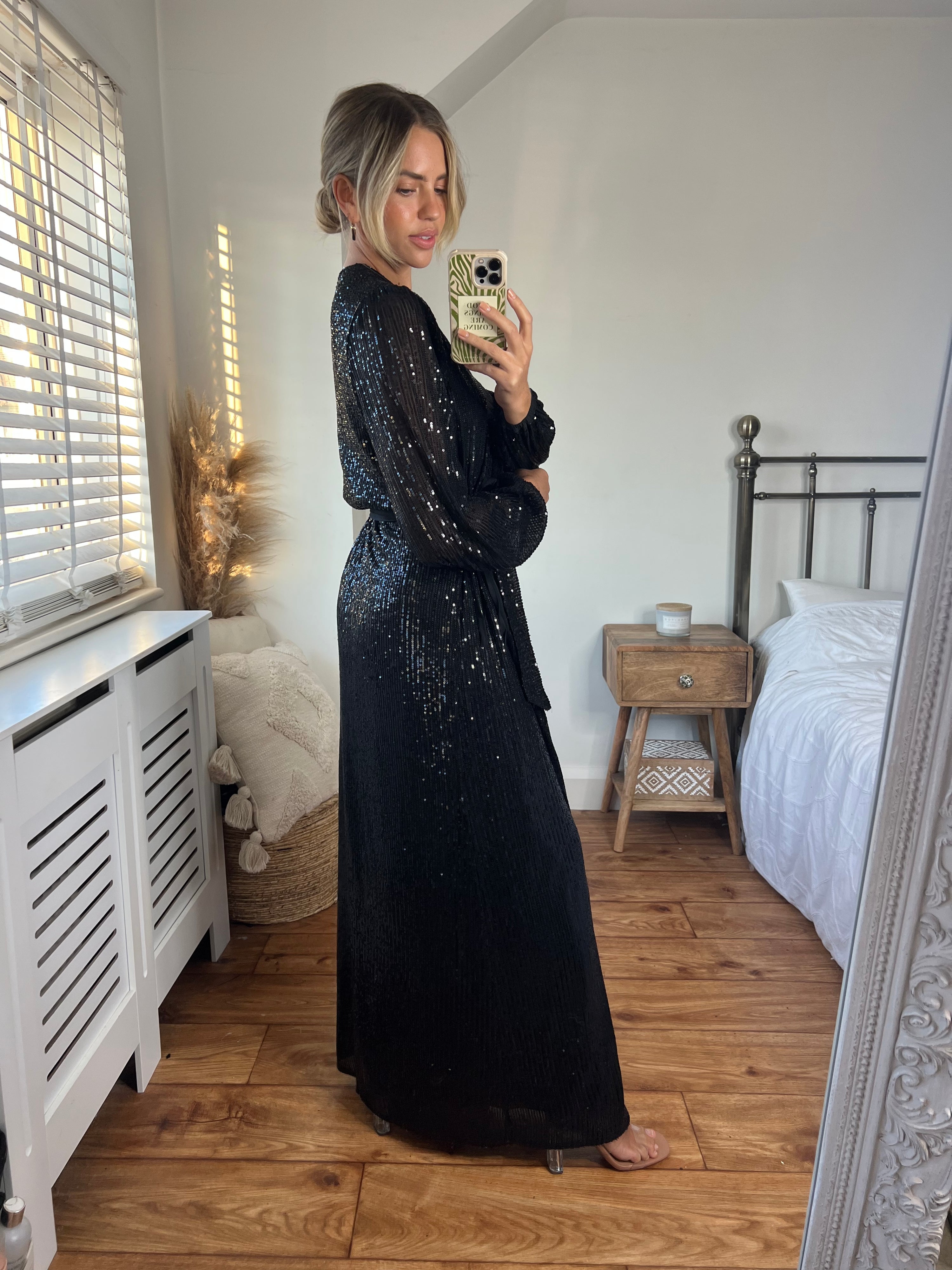 Black Sequin Wrap Maxi Dress | Ria Dress in Black