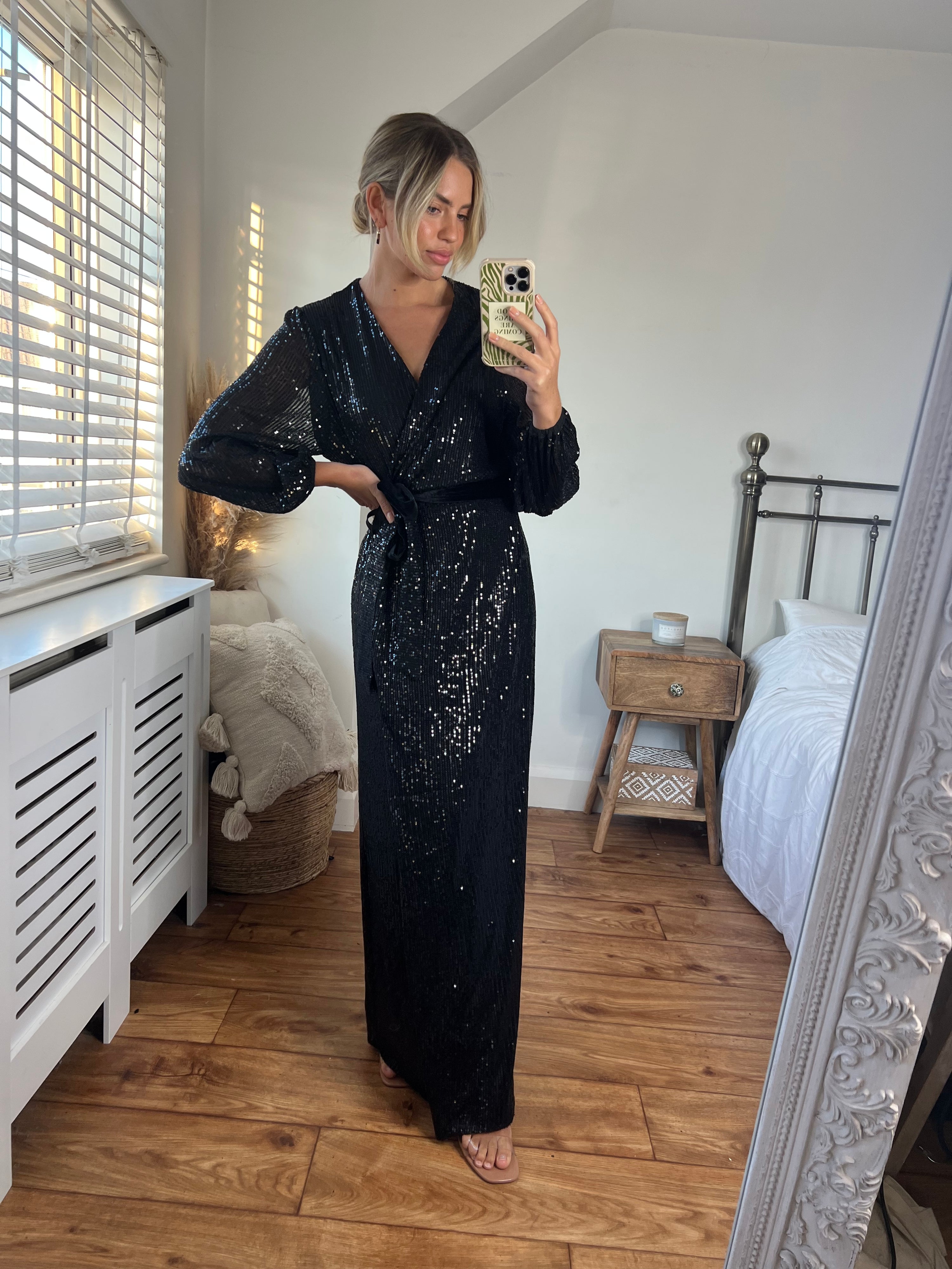 Black Sequin Wrap Maxi Dress | Ria Dress in Black