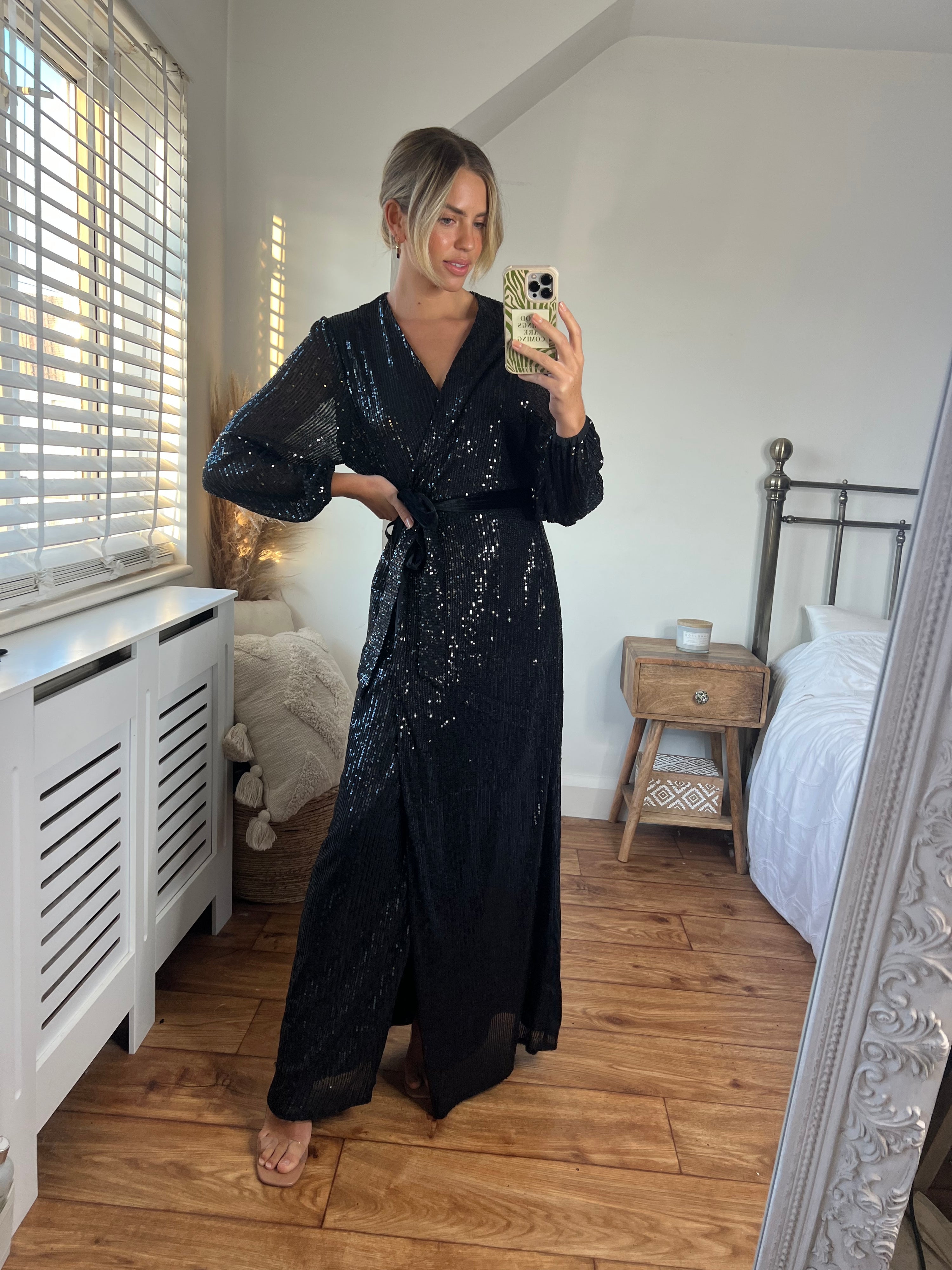 Black Sequin Wrap Maxi Dress | Ria Dress in Black