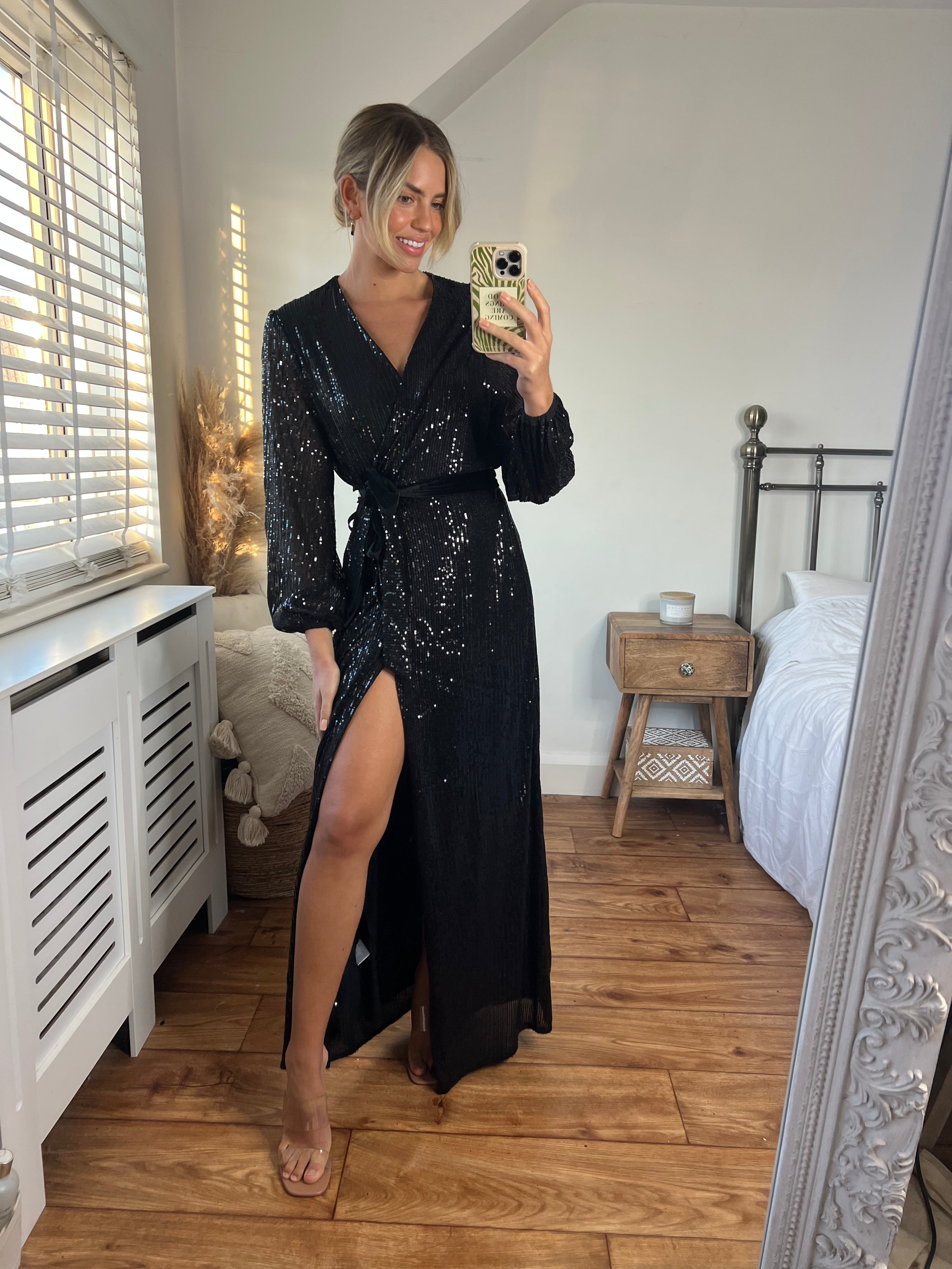 Black Sequin Wrap Maxi Dress | Ria Dress in Black