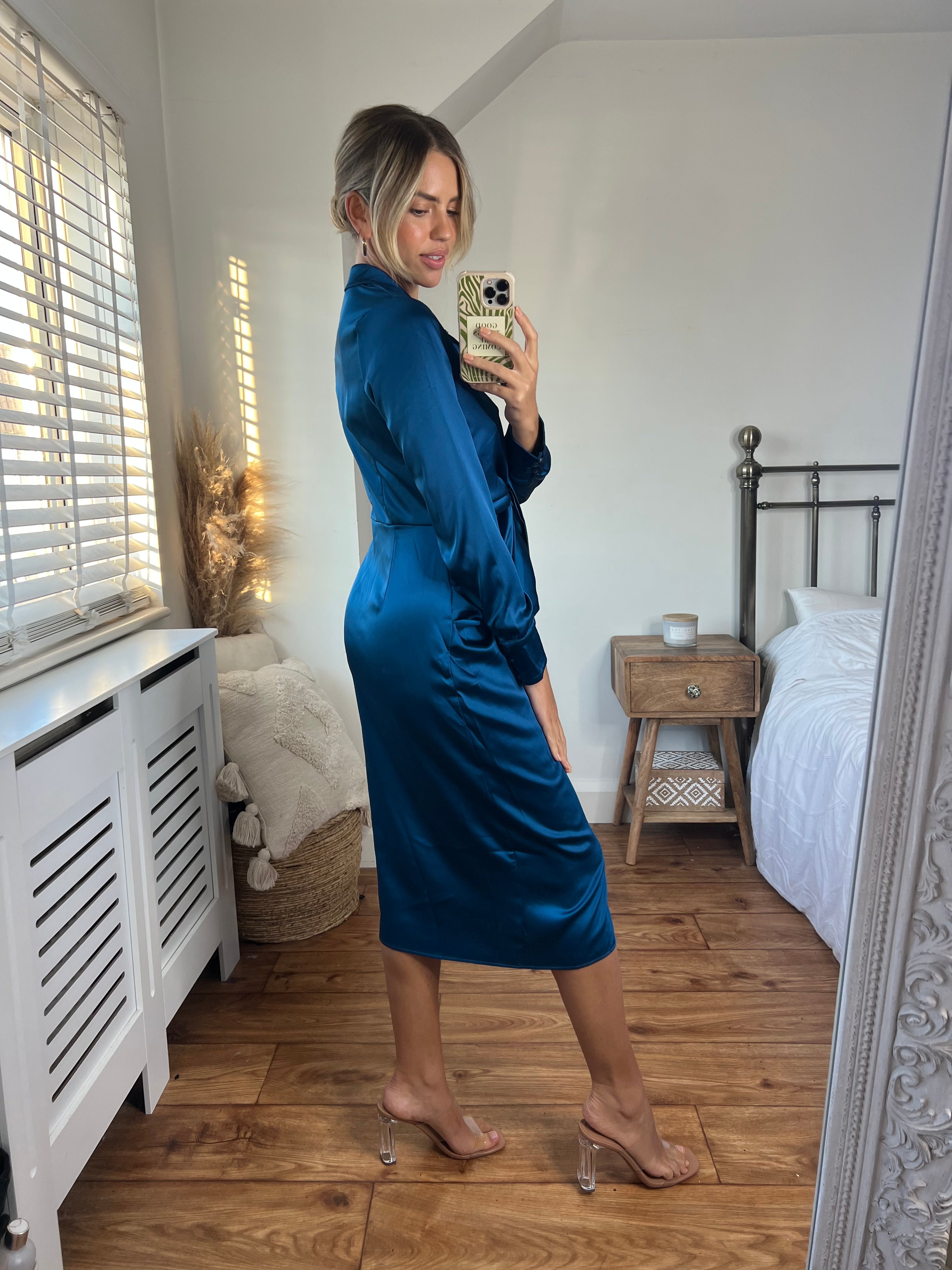 Blue Tie Front Dress | Cassie Midi Dress in Peacock Blue