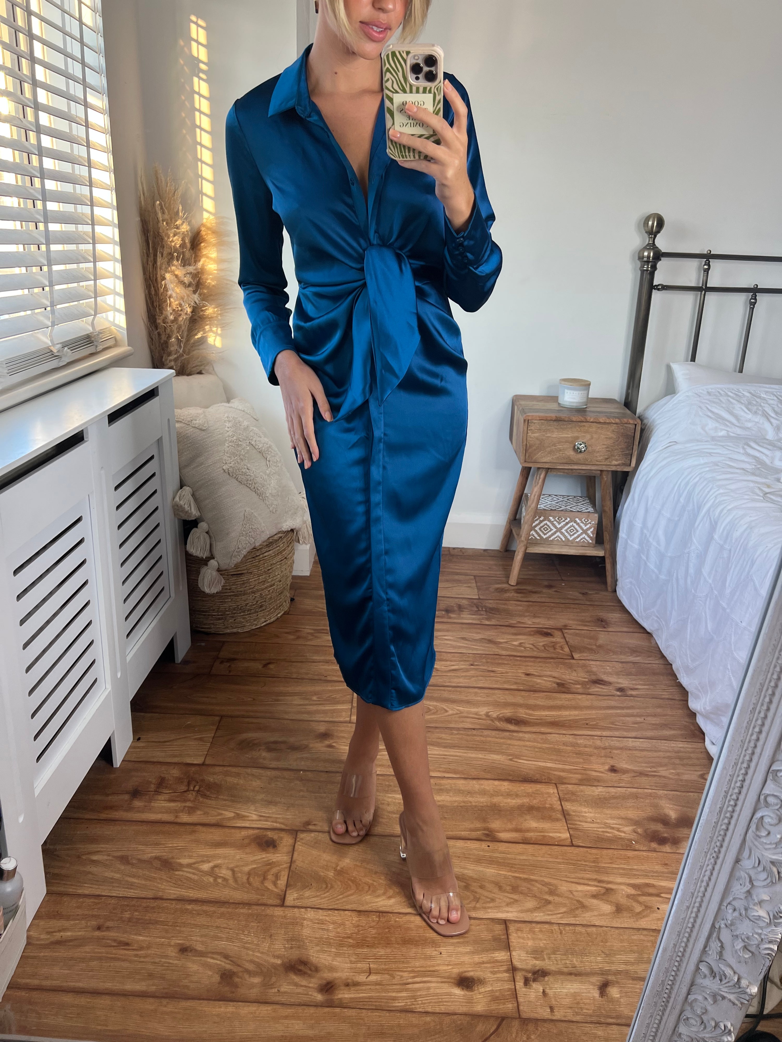 Blue Tie Front Dress | Cassie Midi Dress in Peacock Blue