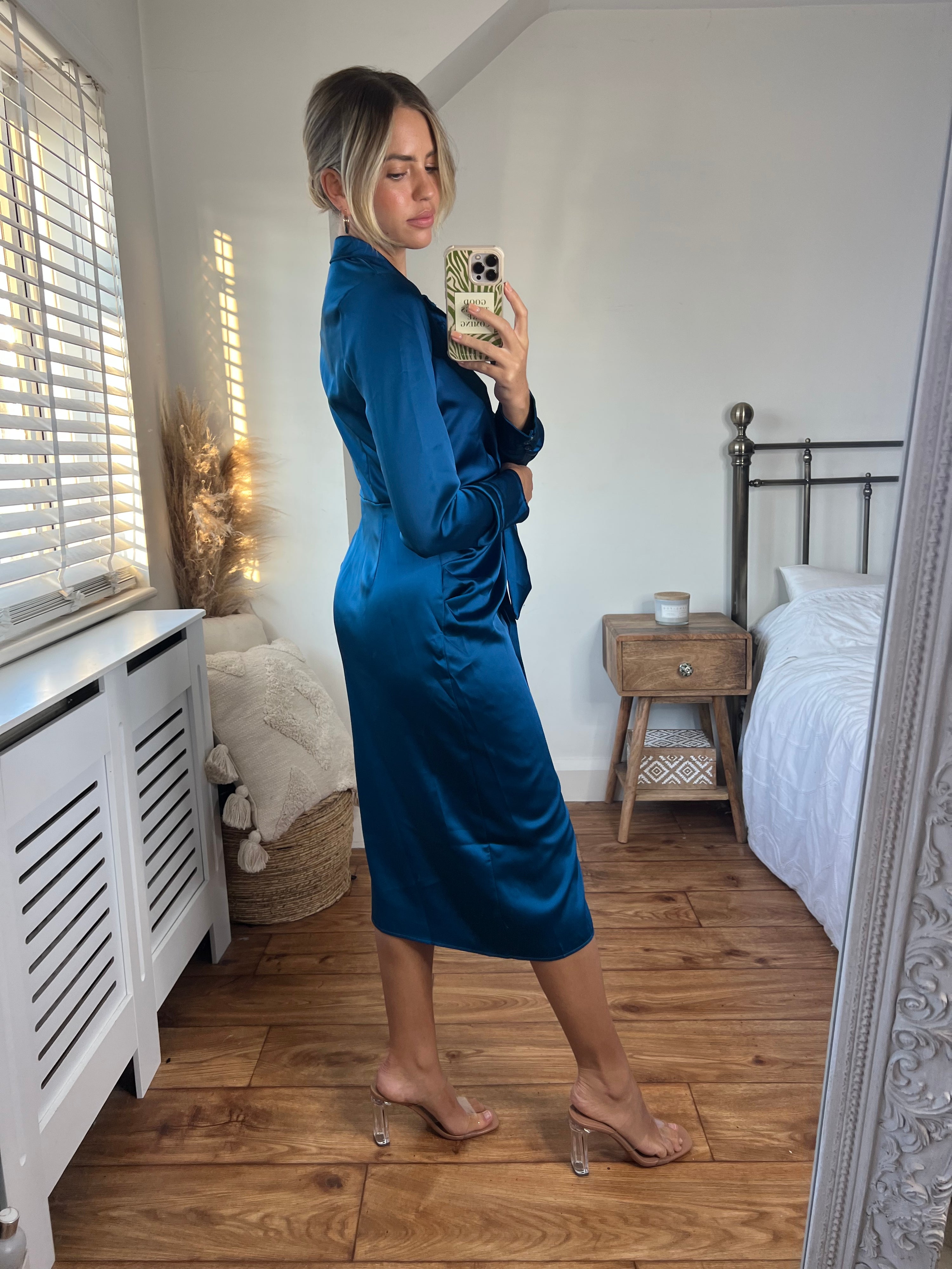 Blue Tie Front Dress | Cassie Midi Dress in Peacock Blue