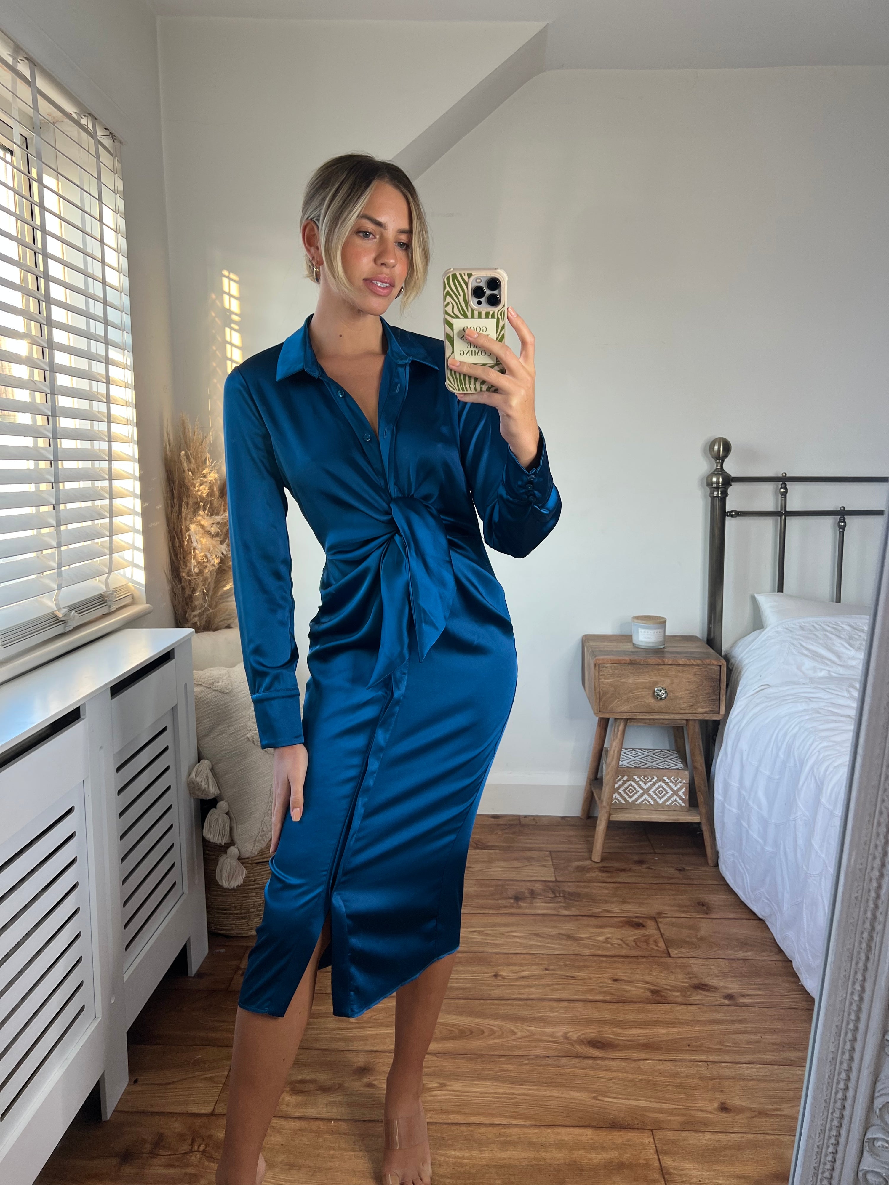 Blue Tie Front Dress | Cassie Midi Dress in Peacock Blue