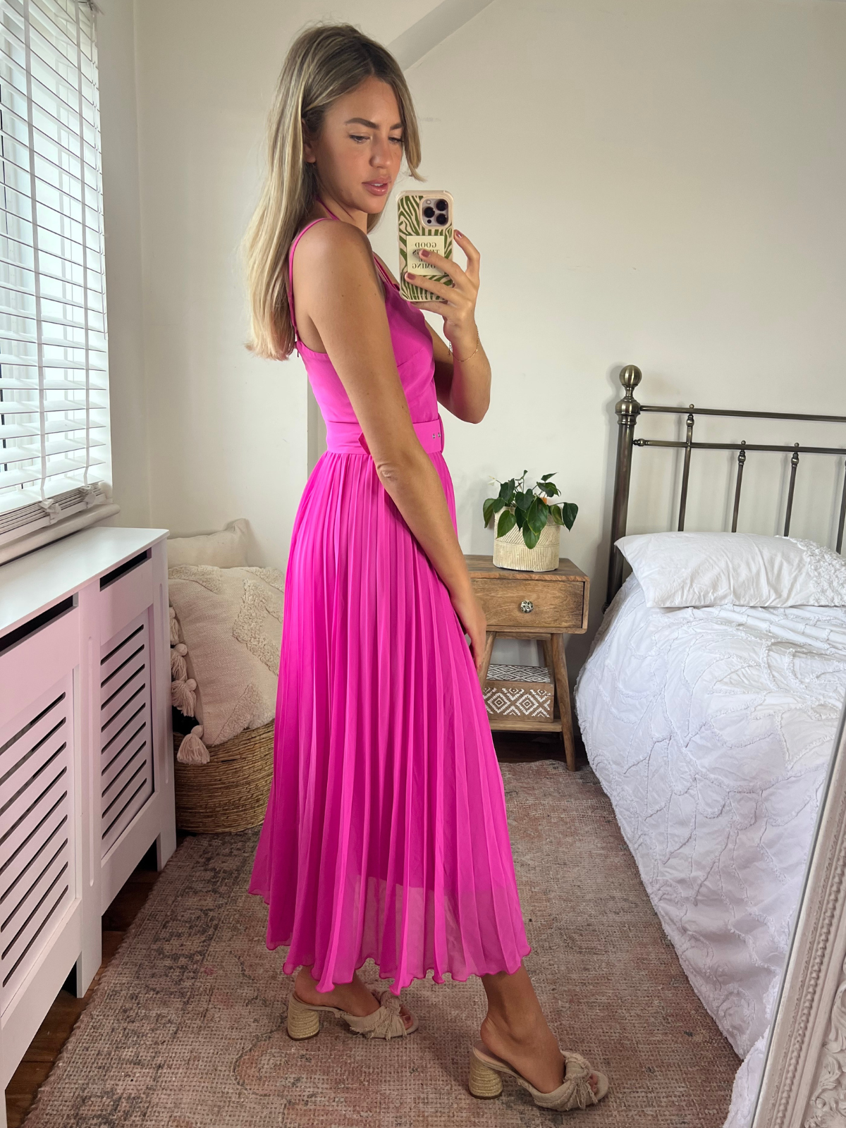 Pink Halter Pleated Dress