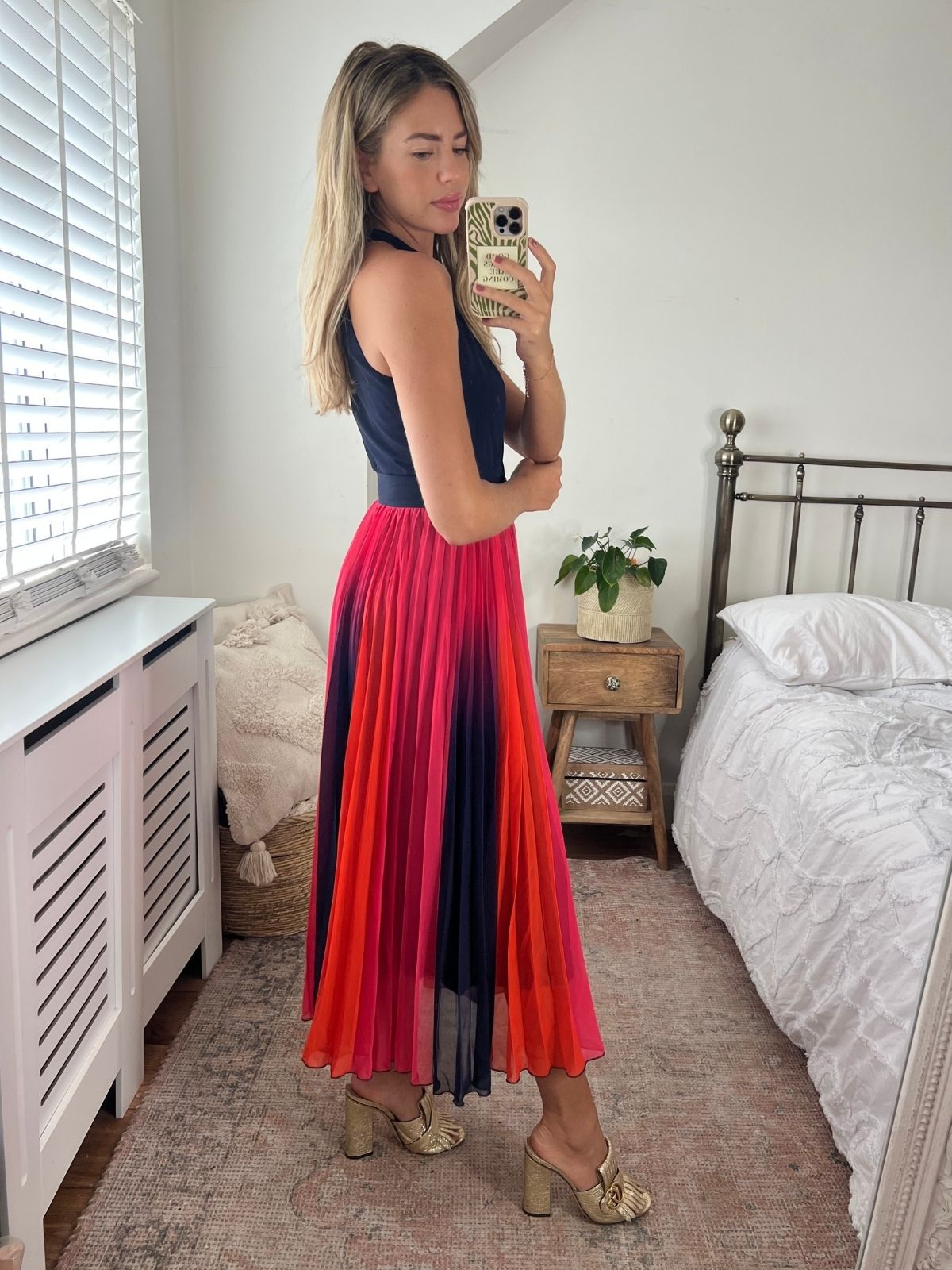 Luisa Belted Pleated Maxi Dress in Navy and Orange Ombre