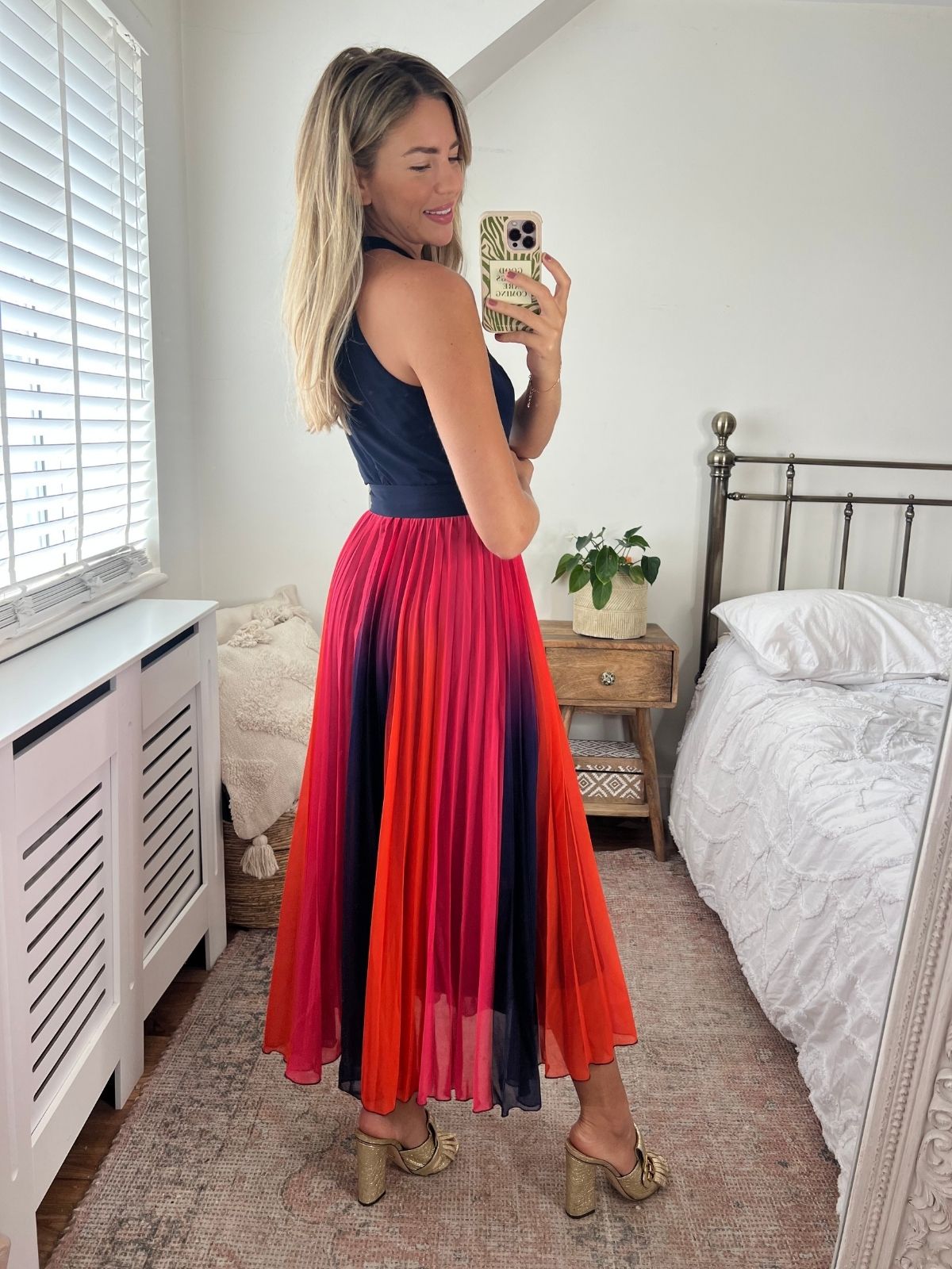 Luisa Belted Pleated Maxi Dress in Navy and Orange Ombre