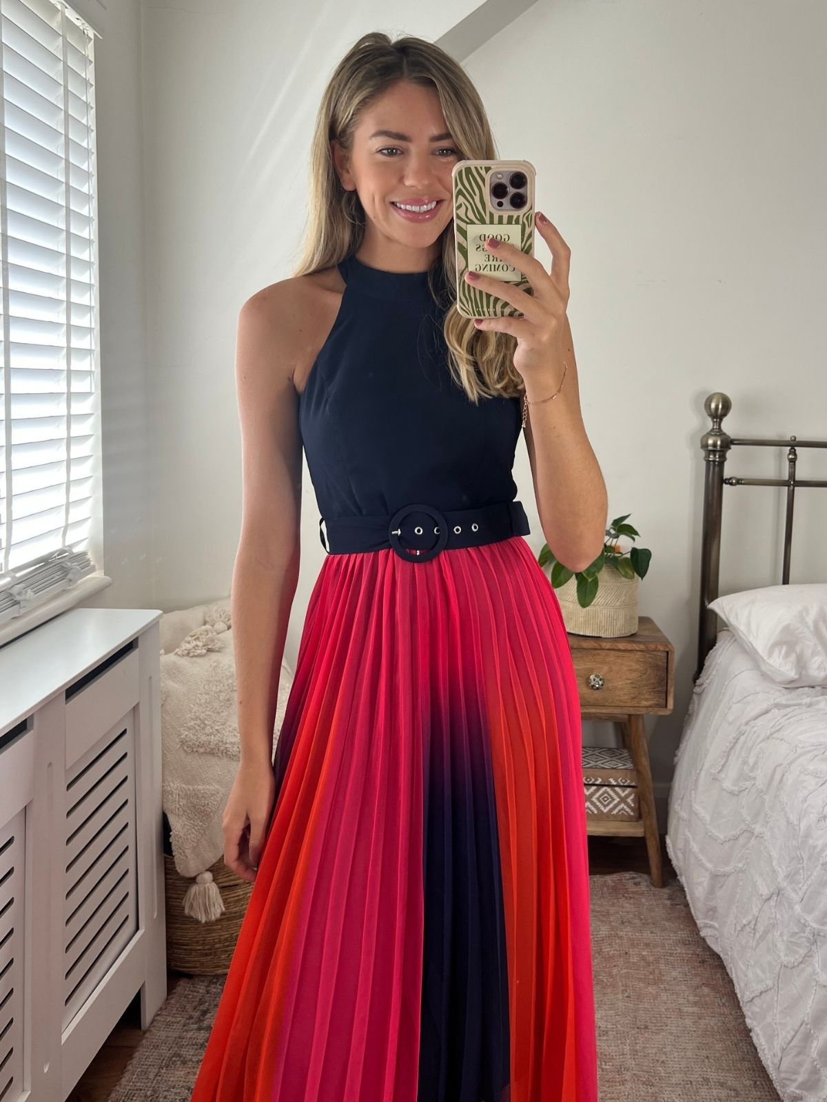 Luisa Belted Pleated Maxi Dress in Navy and Orange Ombre