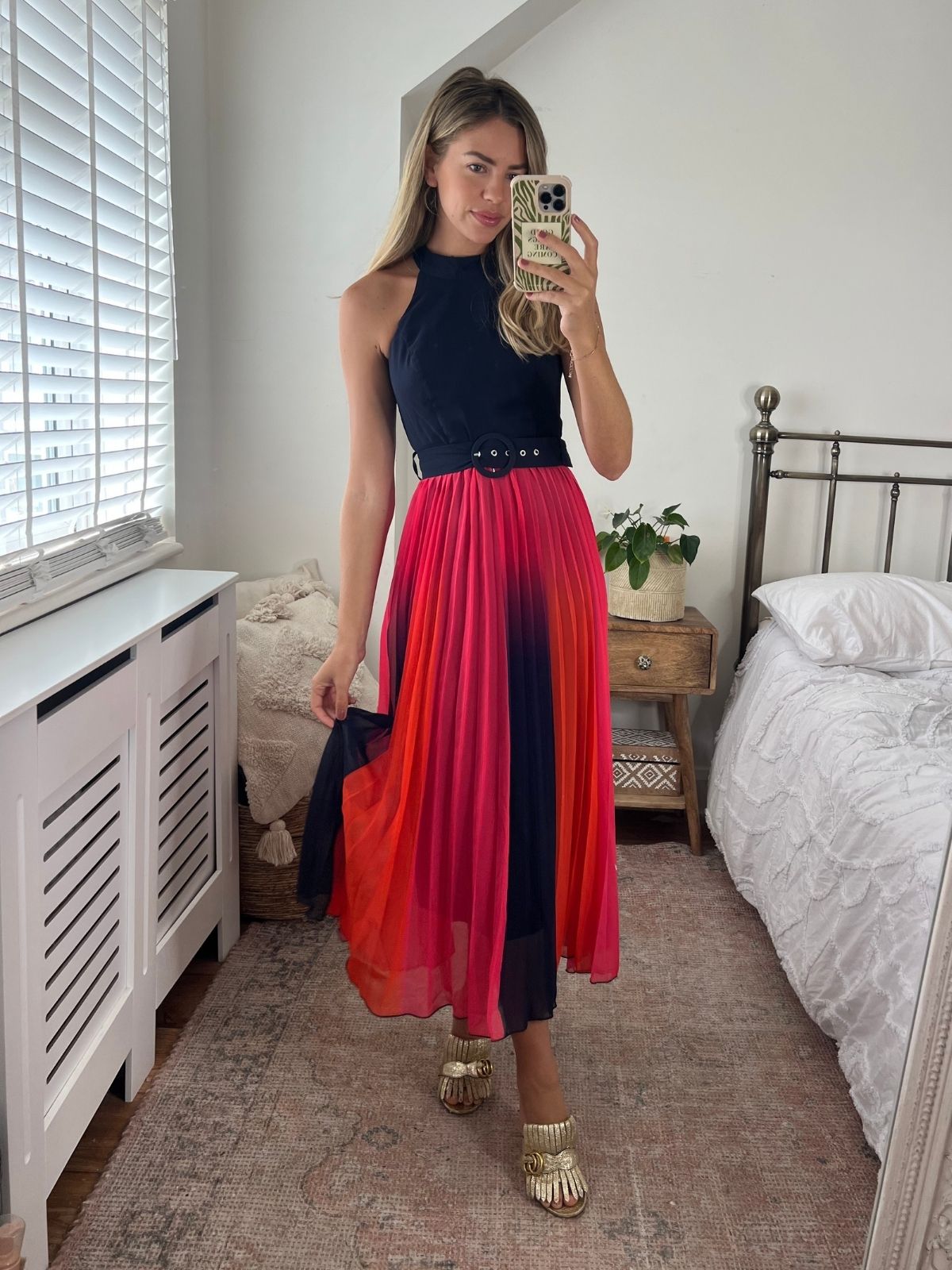 Luisa Belted Pleated Maxi Dress in Navy and Orange Ombre