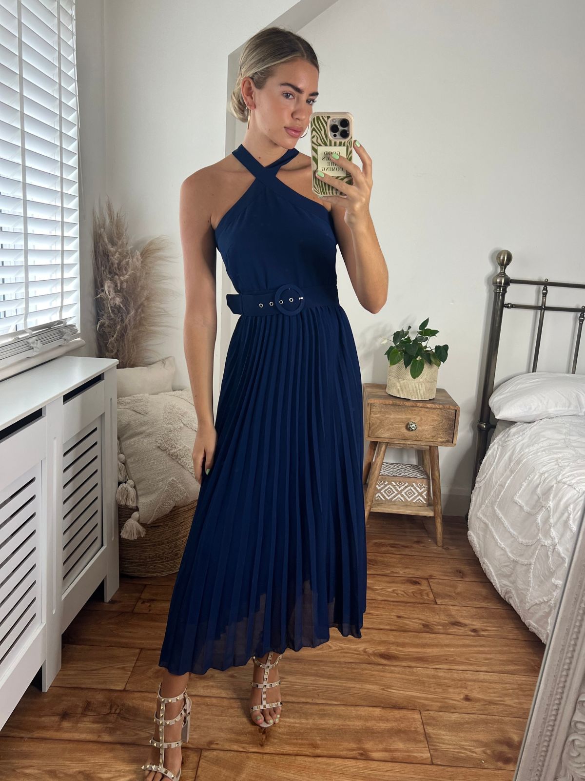 Navy Halter Pleated Belted Dress