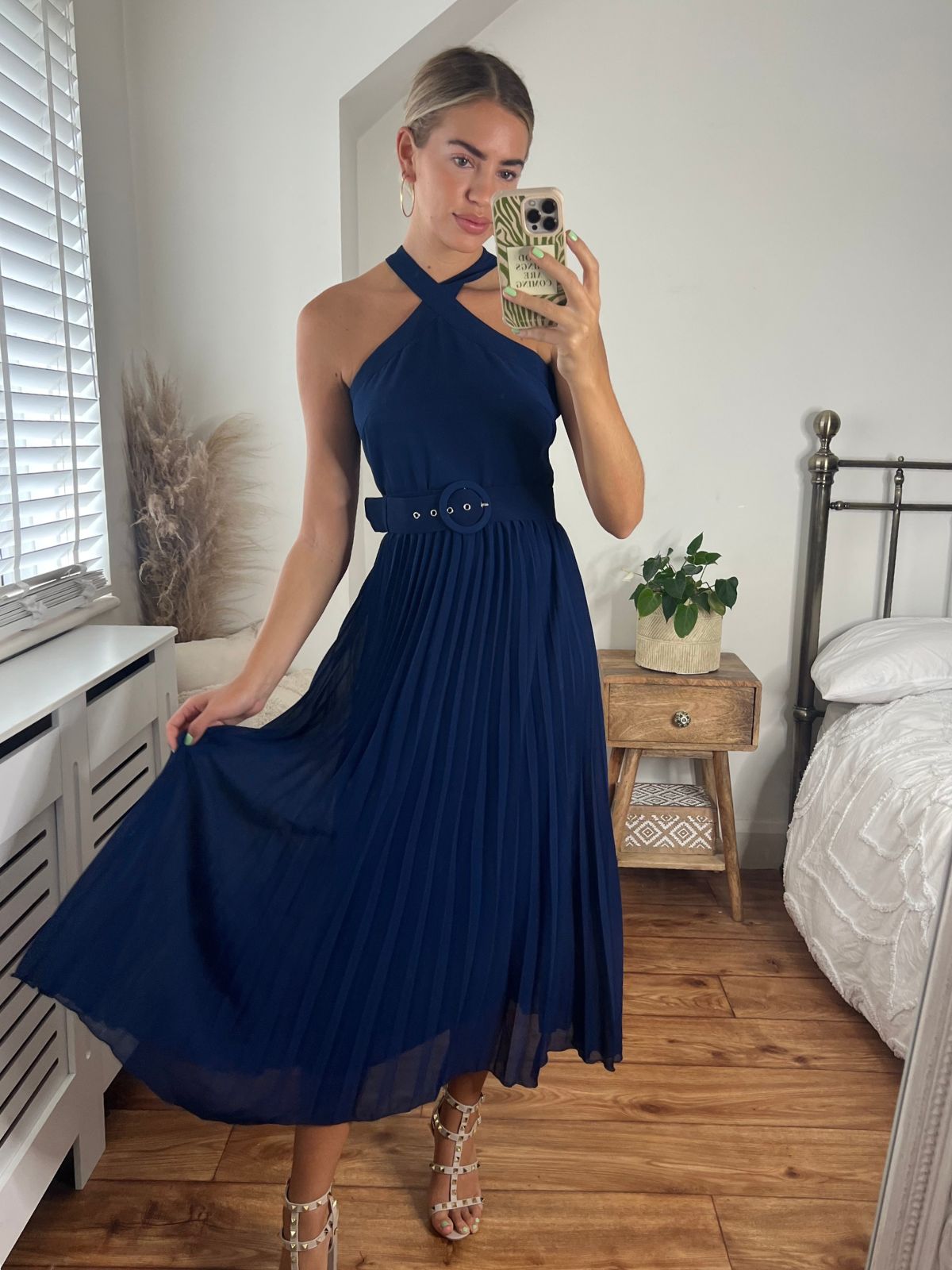 Navy Halter Pleated Belted Dress